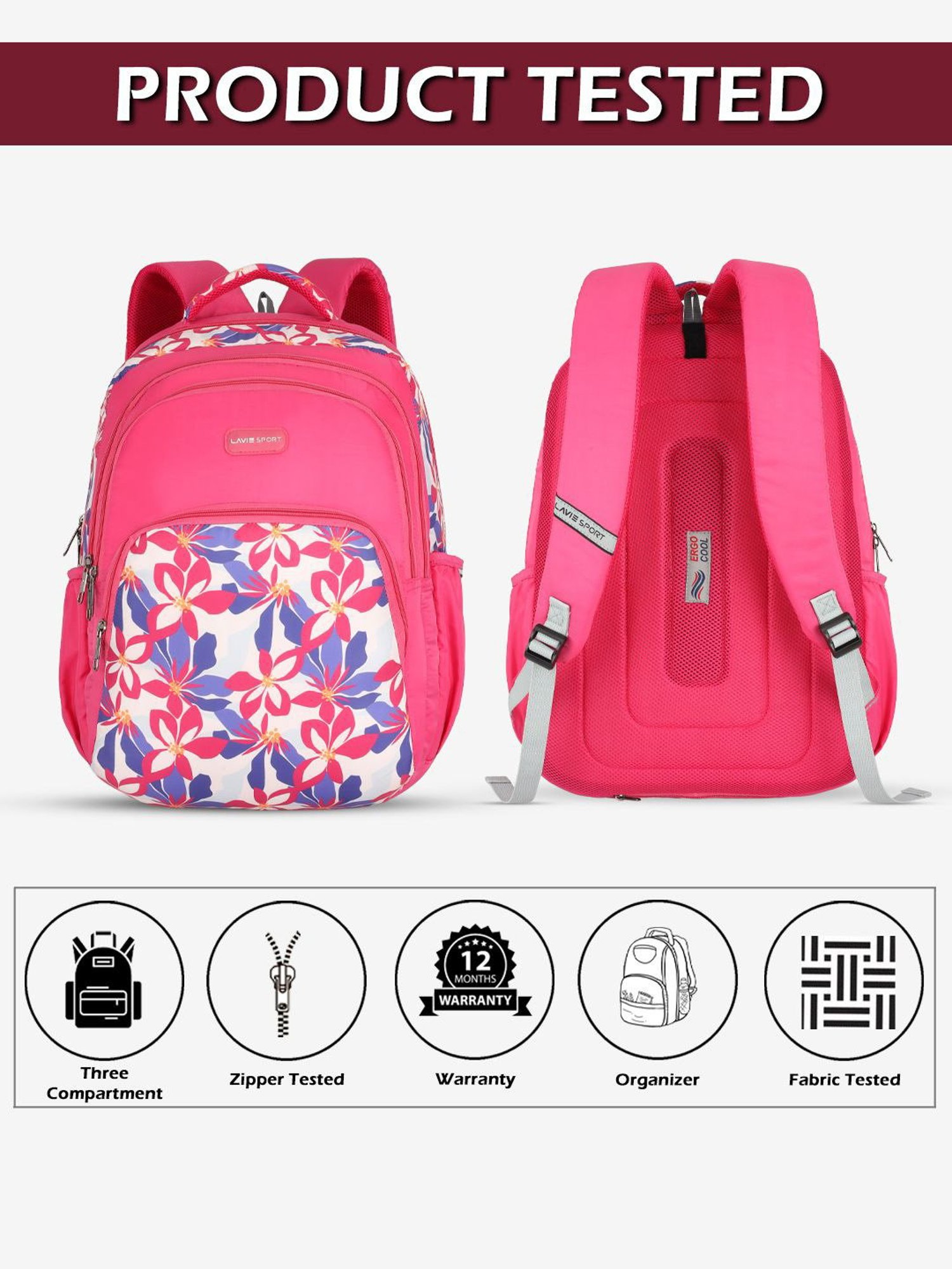 Lavie Sport Daylilies 39L Printed School Backpack with Rain cover for Girls (Magenta)