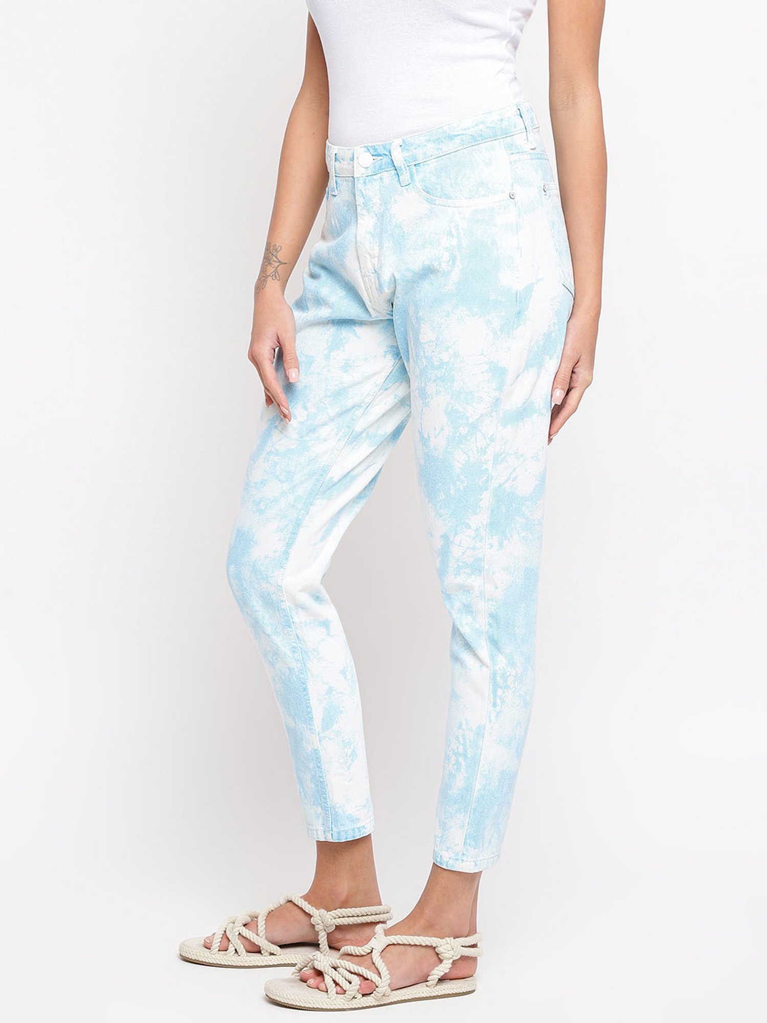Tales & Stories Sky Blue Cotton Tie - Dye Mom Fit Jeans