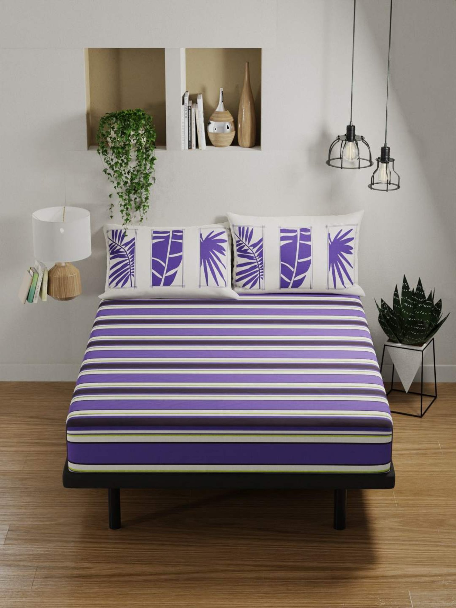 Bianca PLATINUM Stripes Purple 144 TC Cotton Double Bedsheet with 2 Pillow Covers