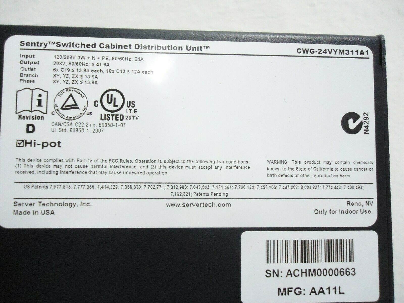 Sentry Switched Cabinet Distribution Unit CW-24Vym311a1 24 Outlets