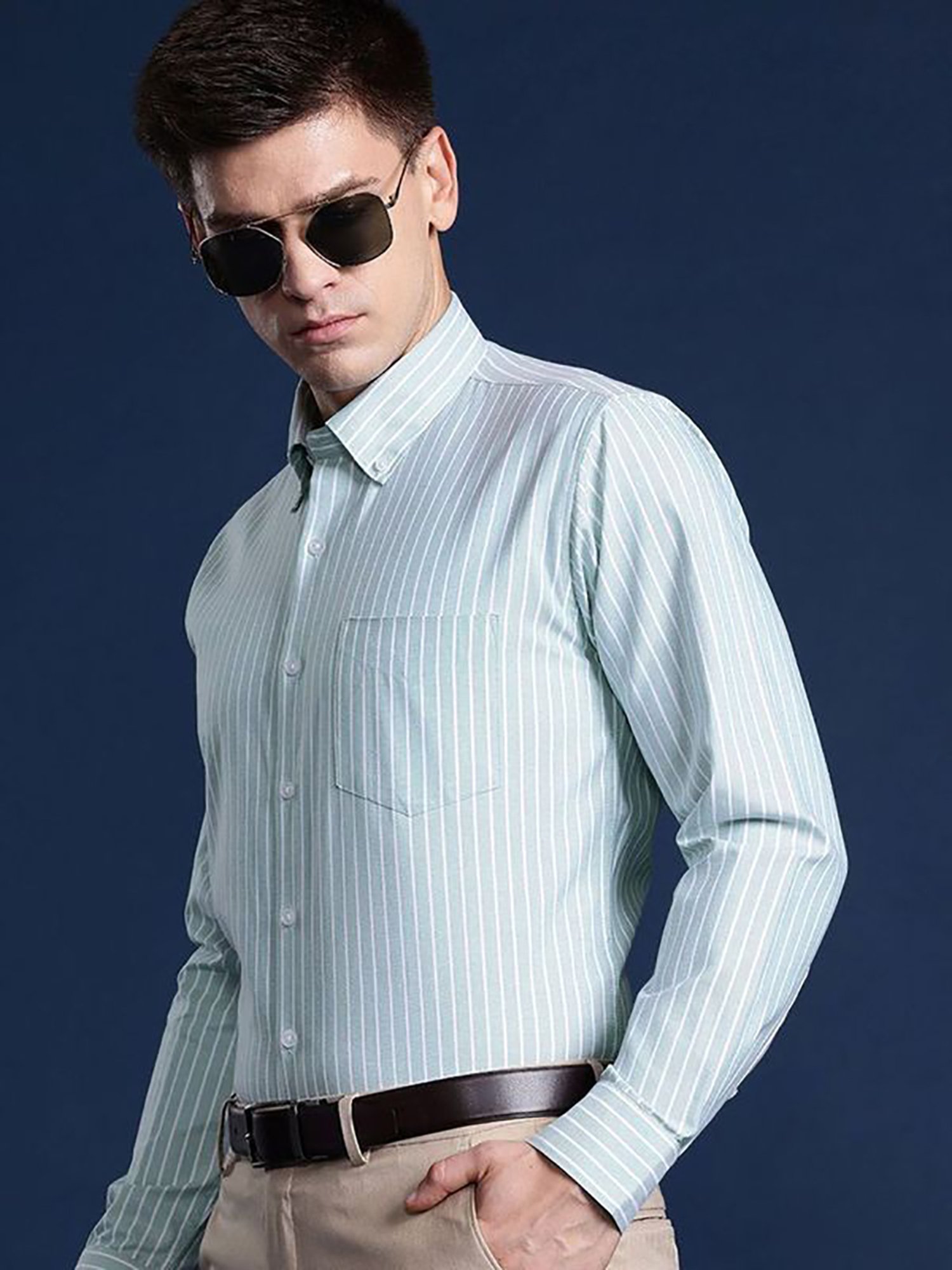 Hancock Green Slim Fit Stripes Shirts