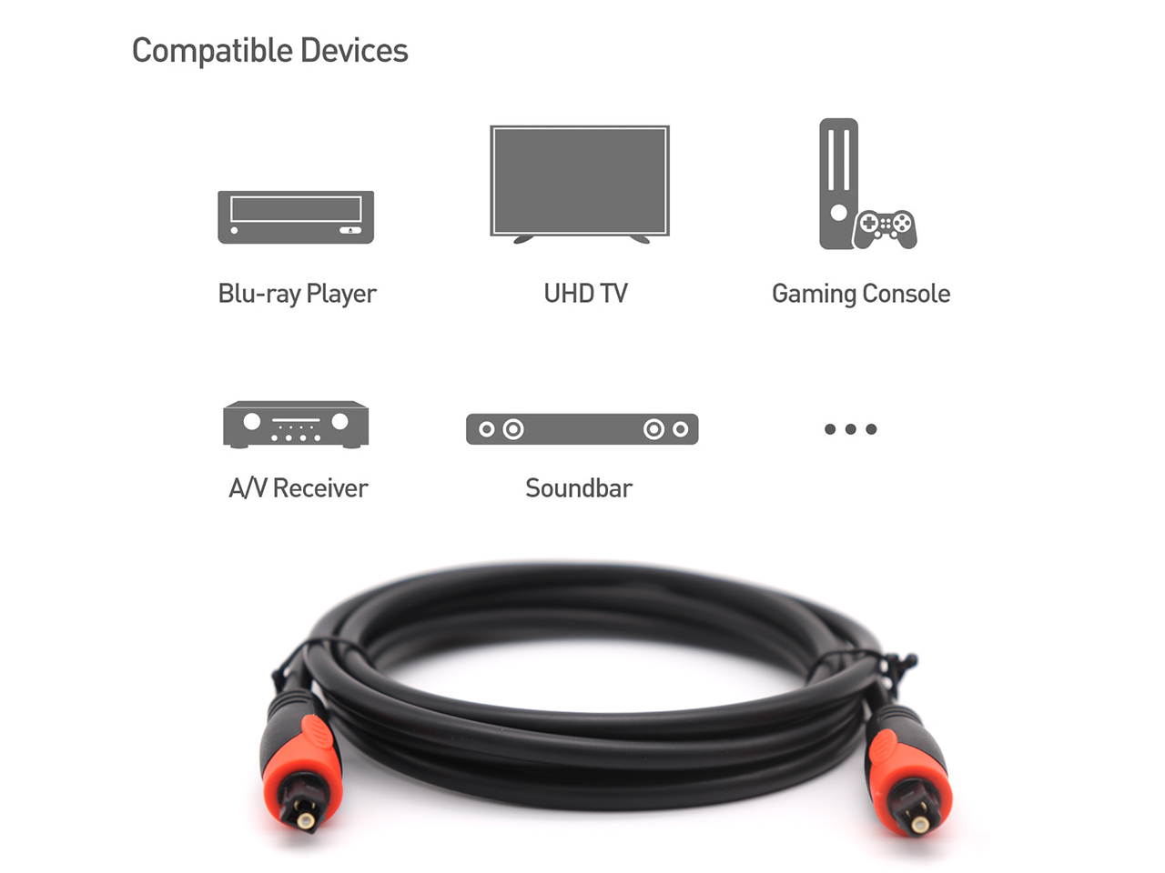 Toslink Optical audio cable Optic Male to Male Cord for Home Theater, Sound Bar, TV, PS4, Xbox, Playstation 6FT