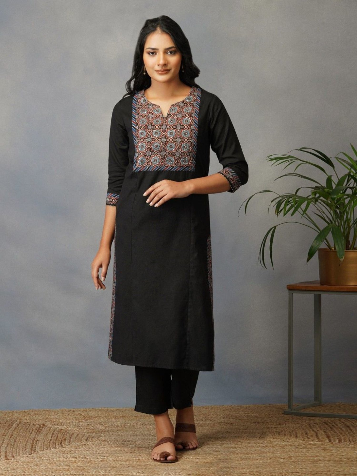Akiso Bakhair Black Straight Kurta With Ajrak Yoke In Zari Embroidery Set With Pants