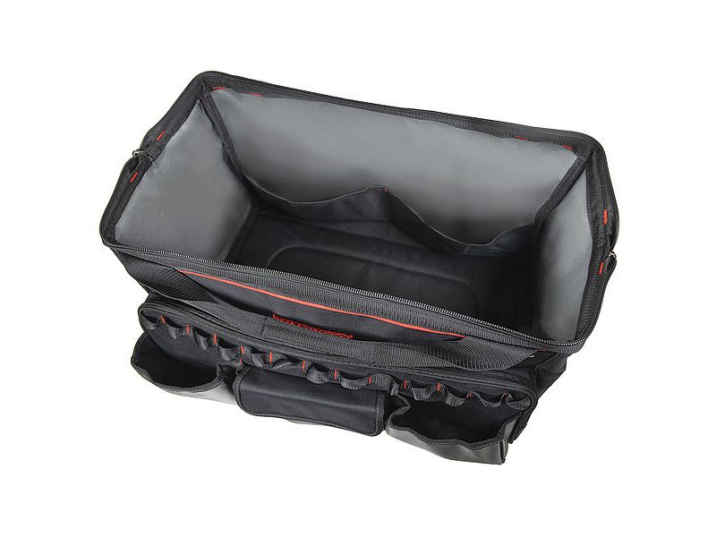 WESTWARD 32PJ40 Wide-Mouth Tool Bag, 600d Polyester, 11 Pockets, Black, 14"