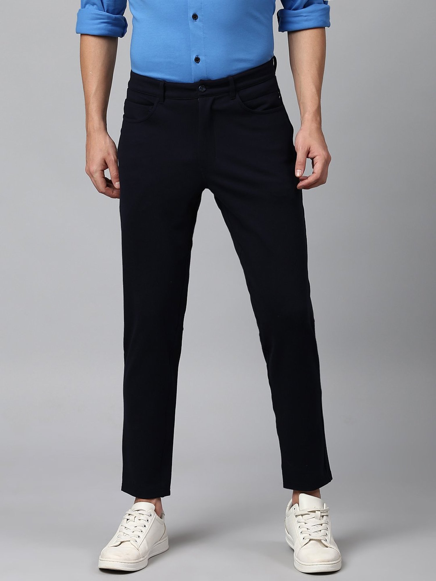 Slowave Navy Blue Regular Fit Trousers