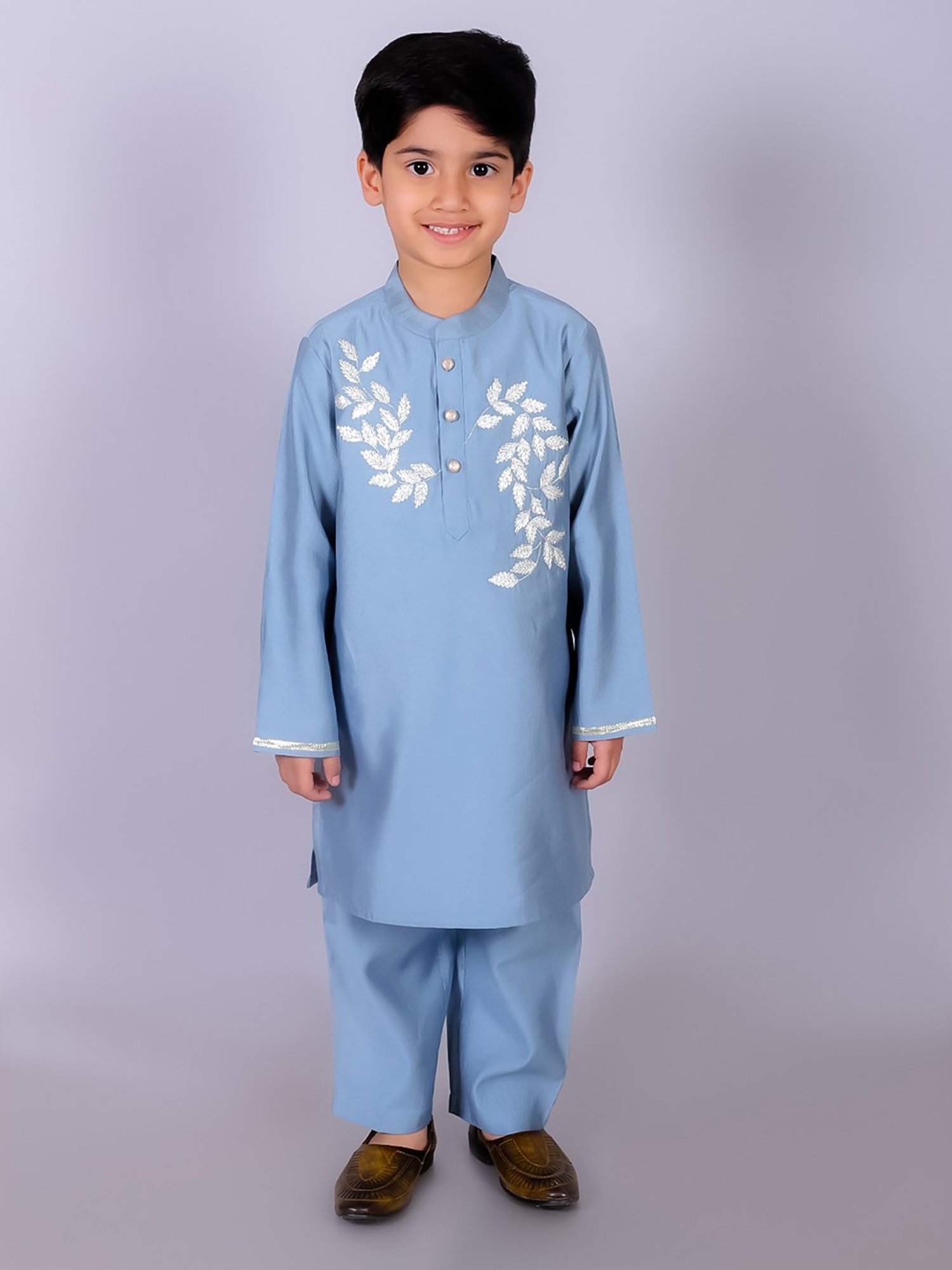 Lil Drama Kids Blue Embroidered Full Sleeves Kurta with Pants
