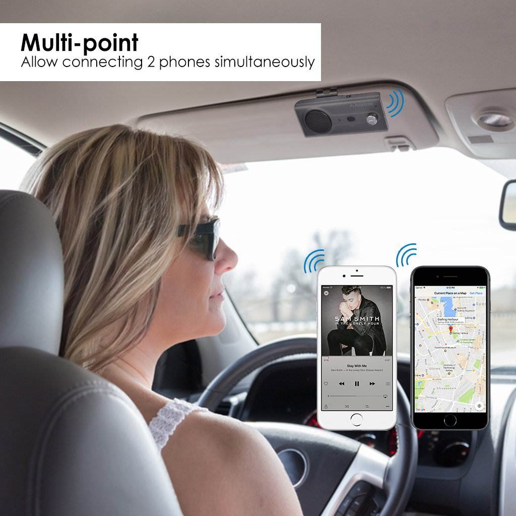 Avantree NEW Bluetooth Handsfree Visor Car Kit with Siri, Google Assistant Voice Command, Auto Power On Wireless In Car Hands Free Speakerphone, 2W Powerful Speaker, Support GPS, Music, Calls