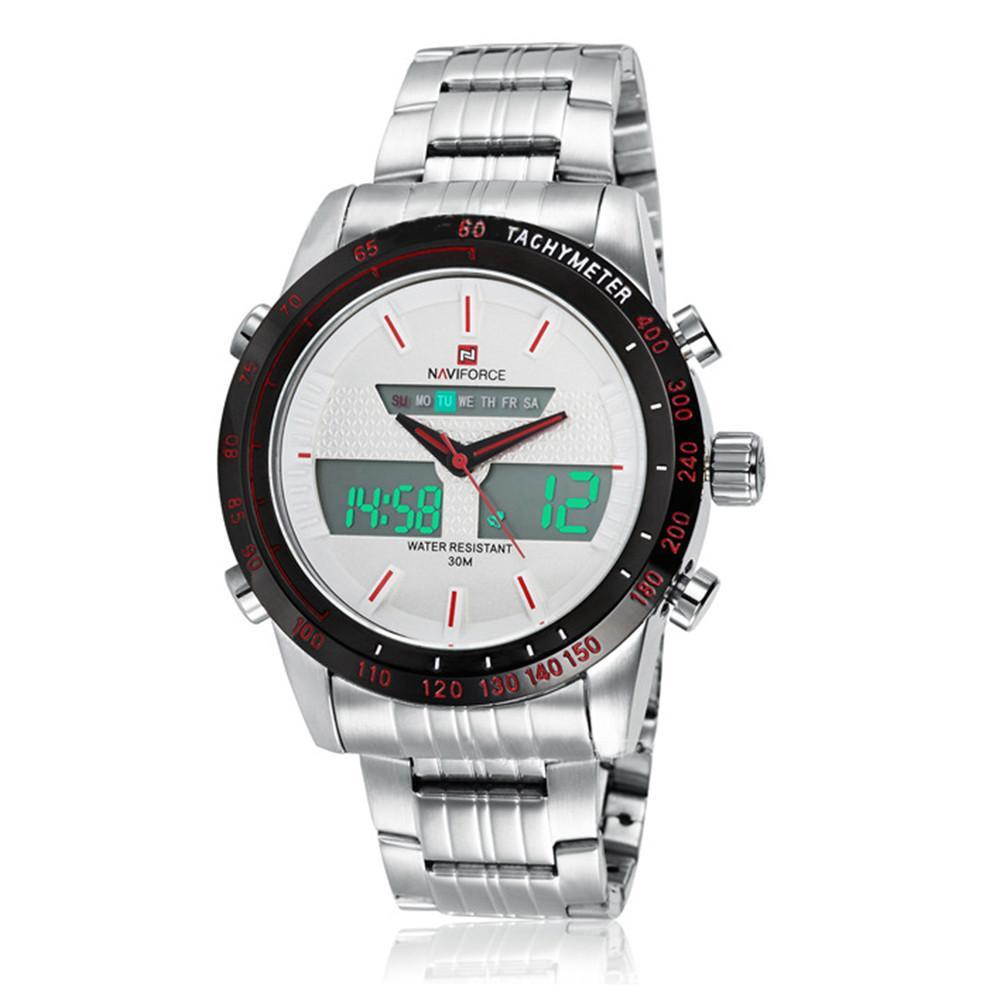 Naviforce Men Waterproof Sports Casual Watch LED Dual Dispkay Quartz    white shell white surface red scale