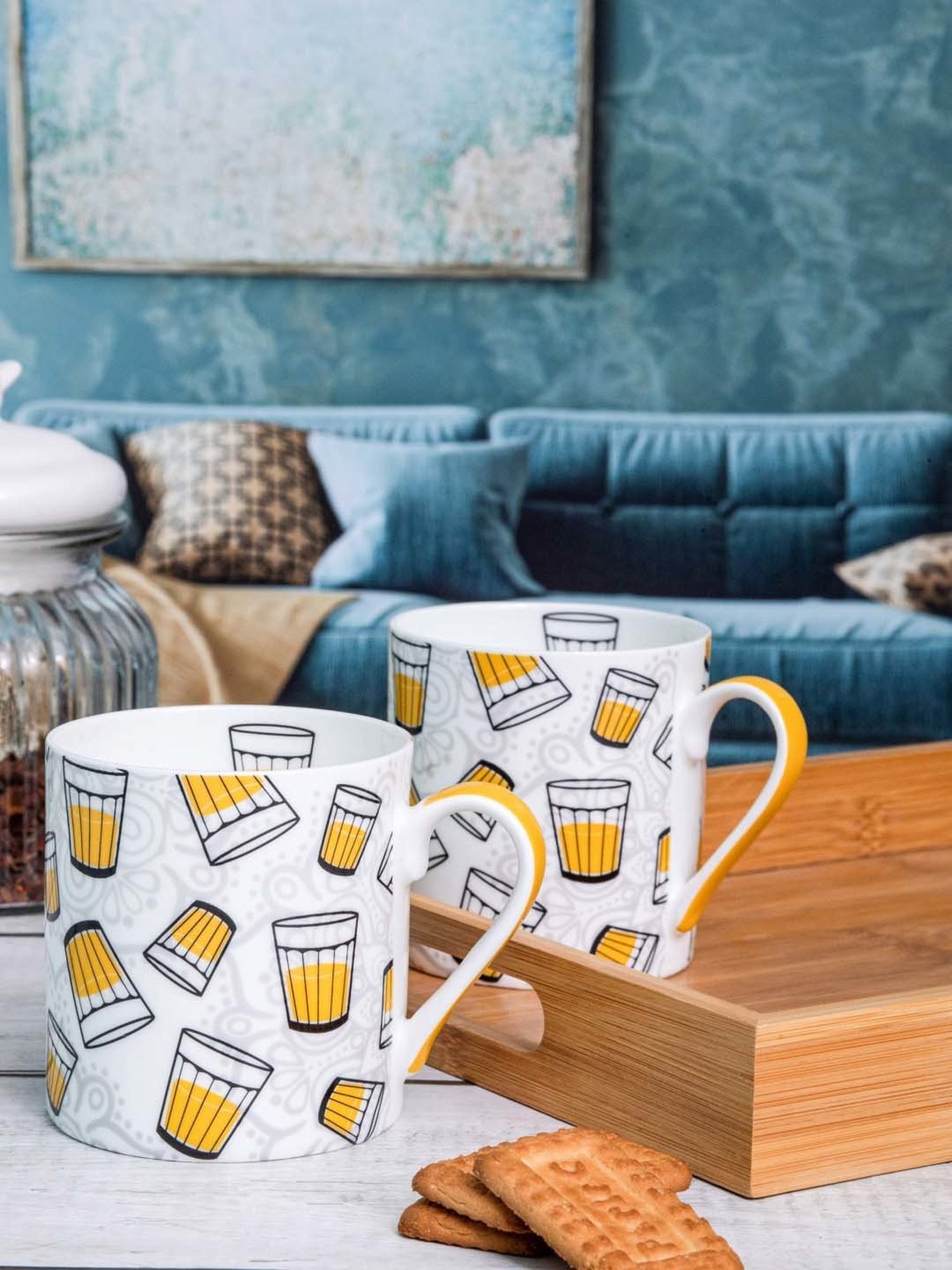 Goodhomes White & Yellow Bone China Coffee Large Mug (0.32 L) - Set of 2