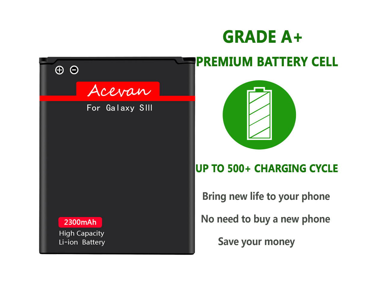 Galaxy S3 Battery, Acevan 2300mAh Replacement Battery for Samsung Galaxy S3, Galaxy S3 Neo, Verizon I535, T-Mobile T999, Sprint L710, AT&T I747, R530, I9300, Galaxy S3 LTE I9305 [2 Years Warranty]