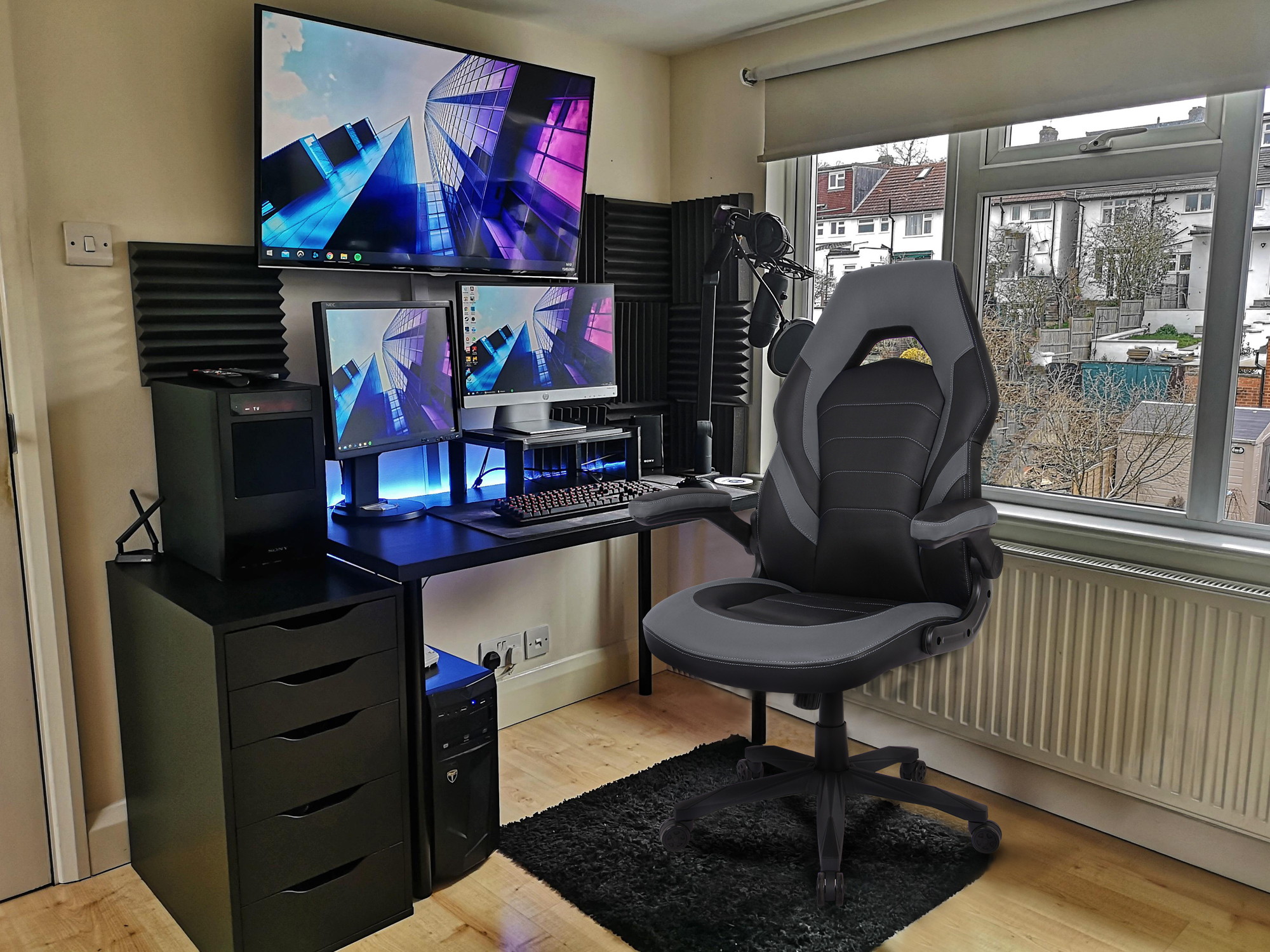 RIMIKING Bonded Leather Racing Ergonomic Gaming Chair Executive Computer Desk Office Chair with Height Adjustable 360&deg;Swivel Flip-up Arms Lumbar Support