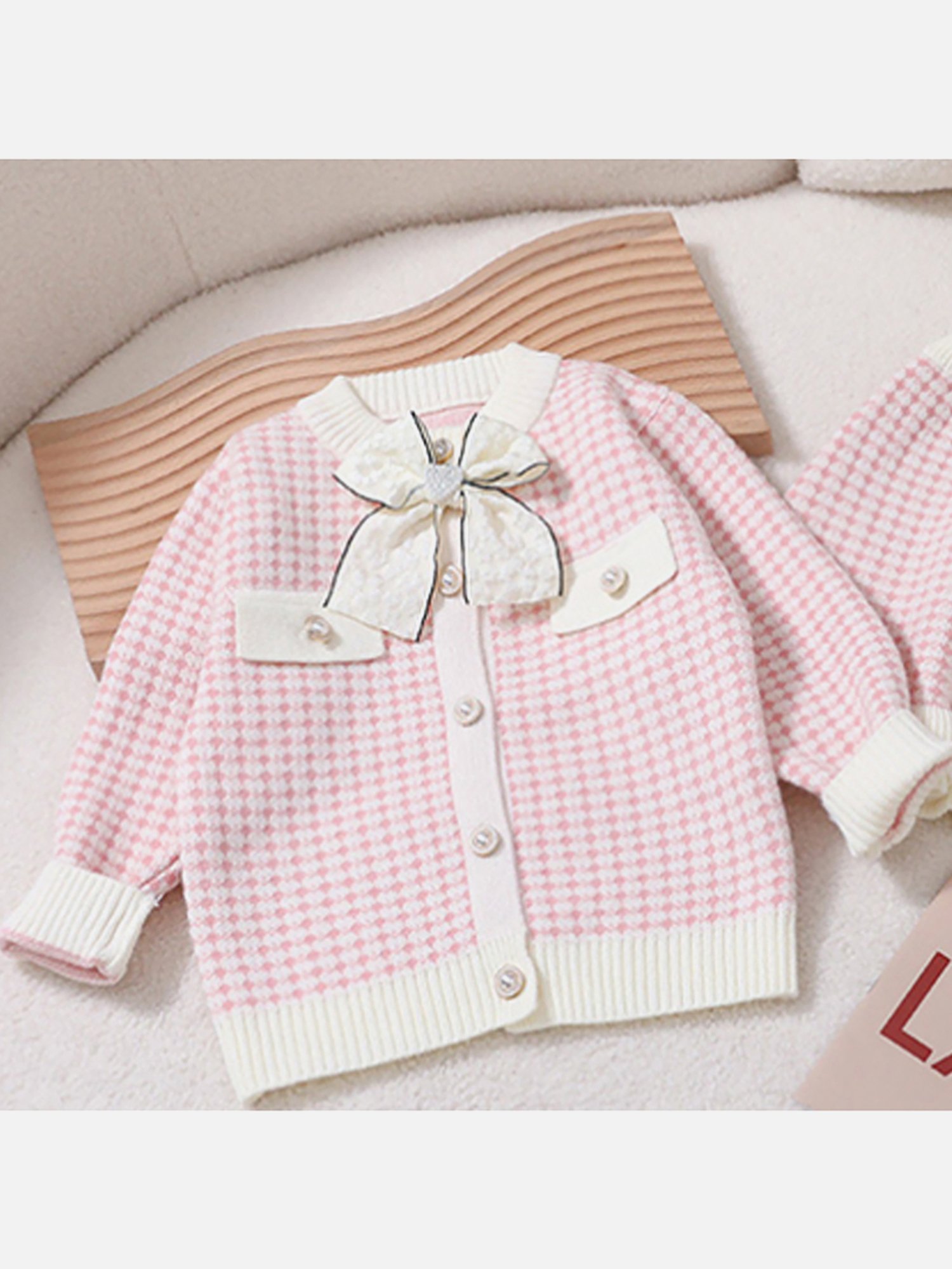 Little Surprise Box Kids Pink & Cream Self Design Full Sleeves Cardigan with Skirt