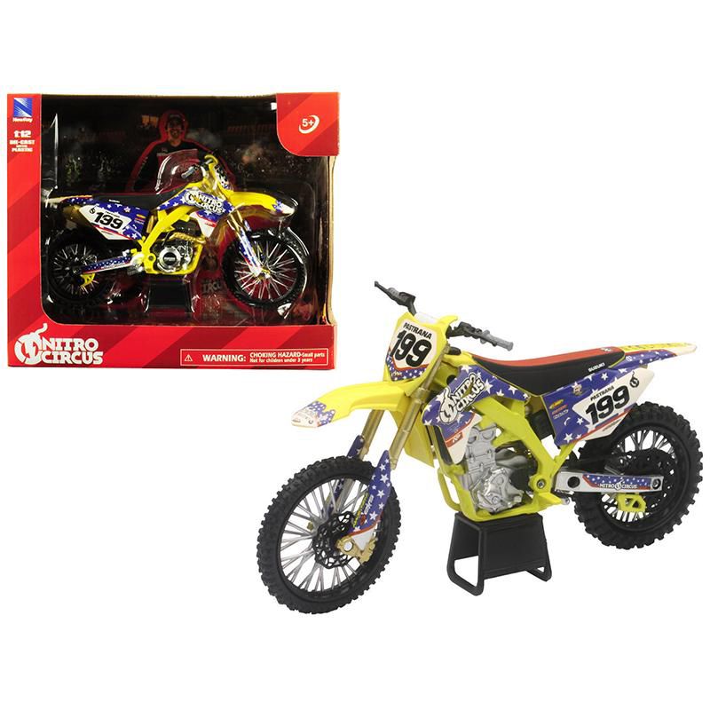 Suzuki RMZ450 Nitro Circus #199 Travis Pastrana Yellow/Blue 1/12 Diecast Motorcycle Model by New Ray