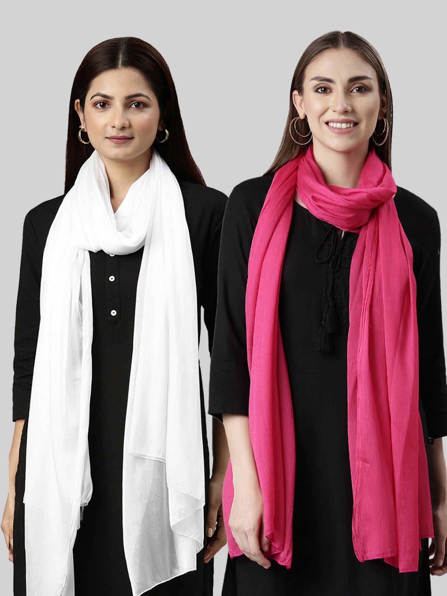 TWIN BIRDS White & Pink Plain Dupatta - Pack Of 2