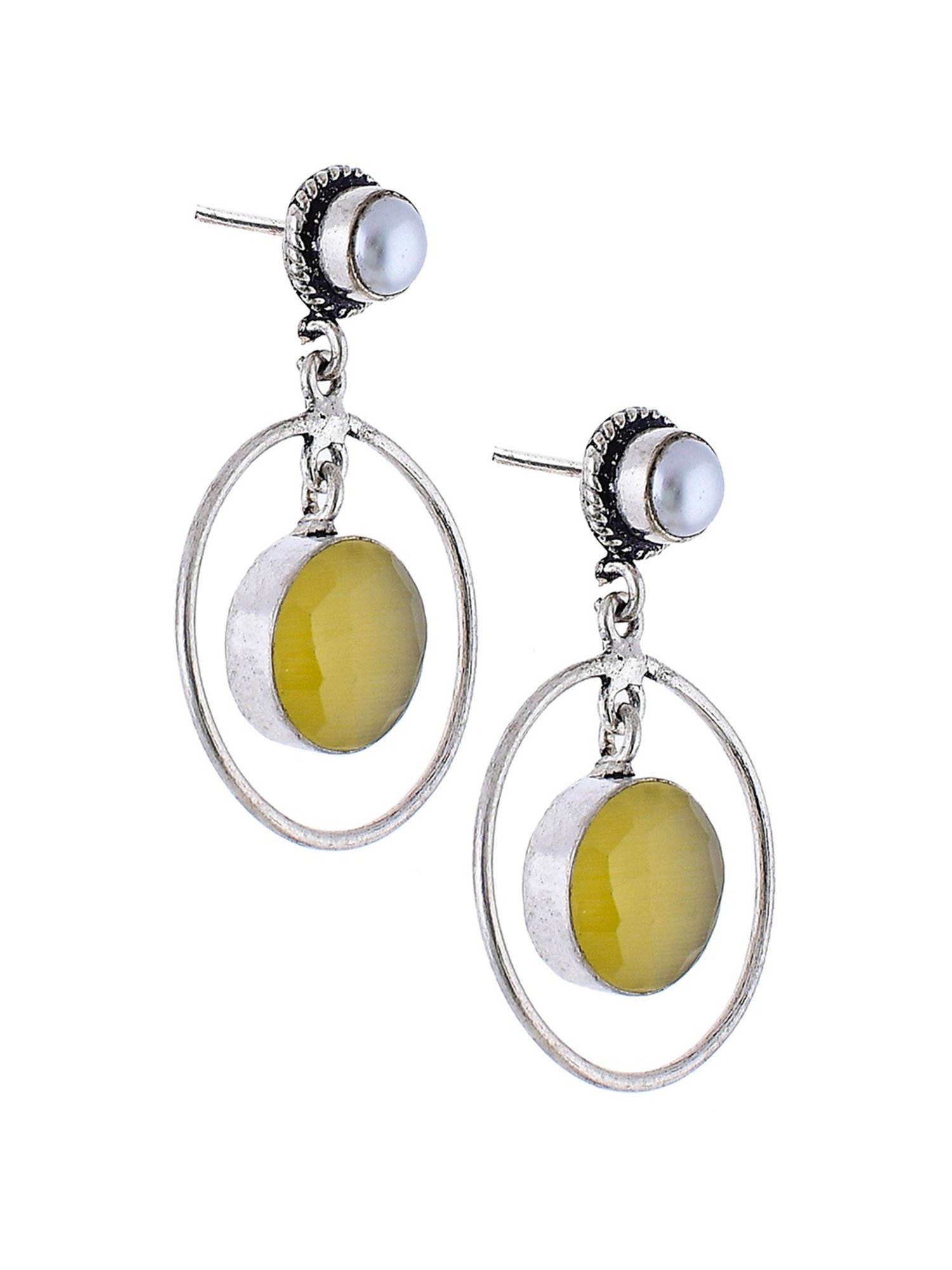 Imli Street Yellow-White Silver Tone Stone-Studded Handcrafted Drop Earrings