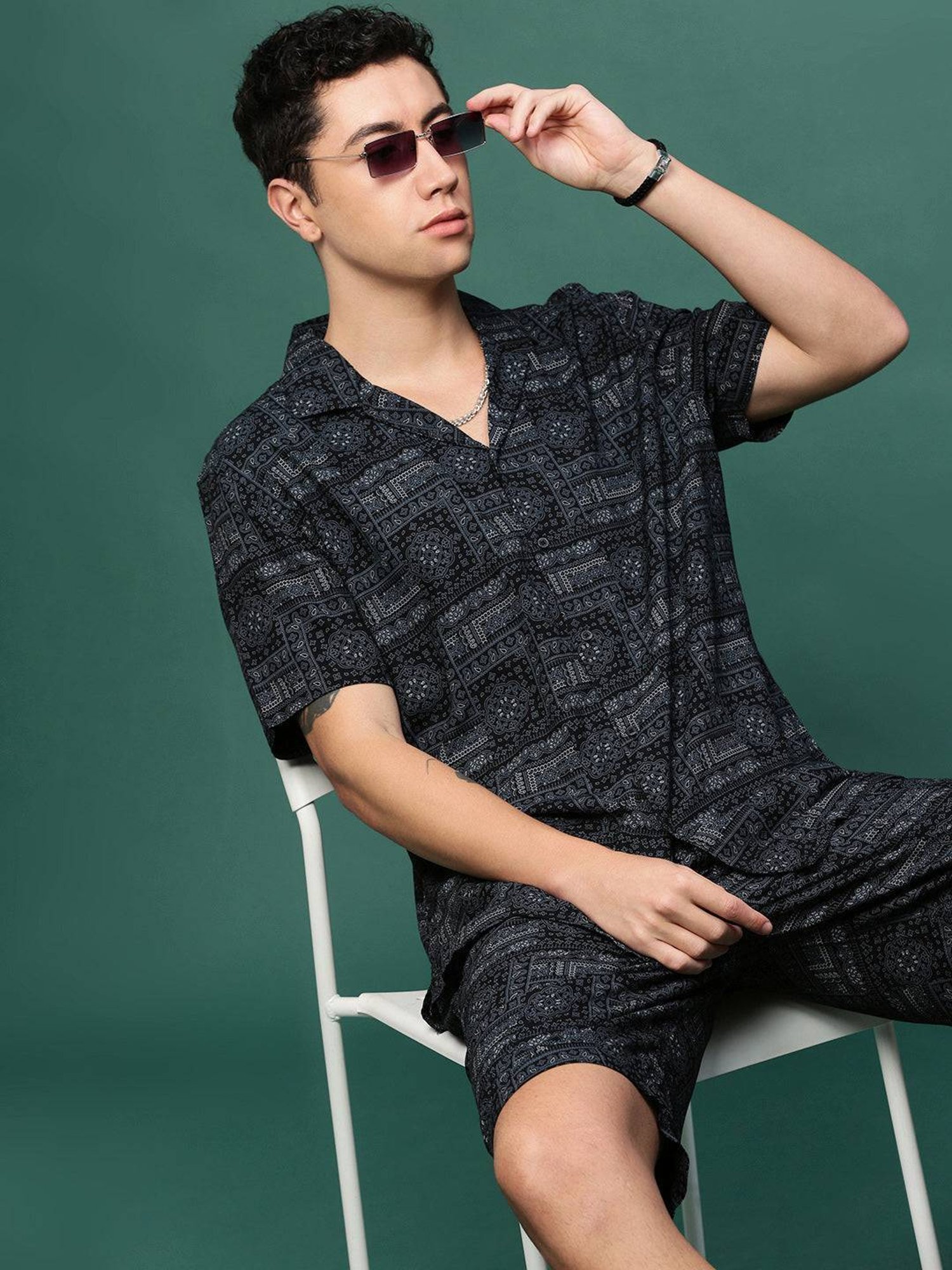 Showoff Black Cotton Regular Fit Printed Co-Ord Set