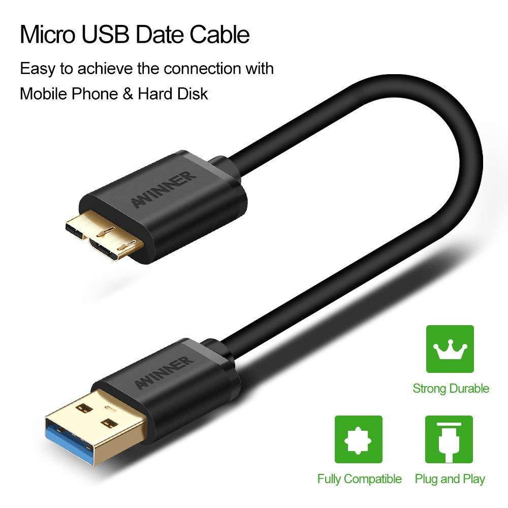 Awinner Micro USB 3.0 Data Cable for Galaxy S5 and Note 3 N9000, Super Speed USB 3.0 A Male to Micro B Male Adapter Cable Charging and Data Sync Cord for Android Smartphones and Tablets (1M-Round)