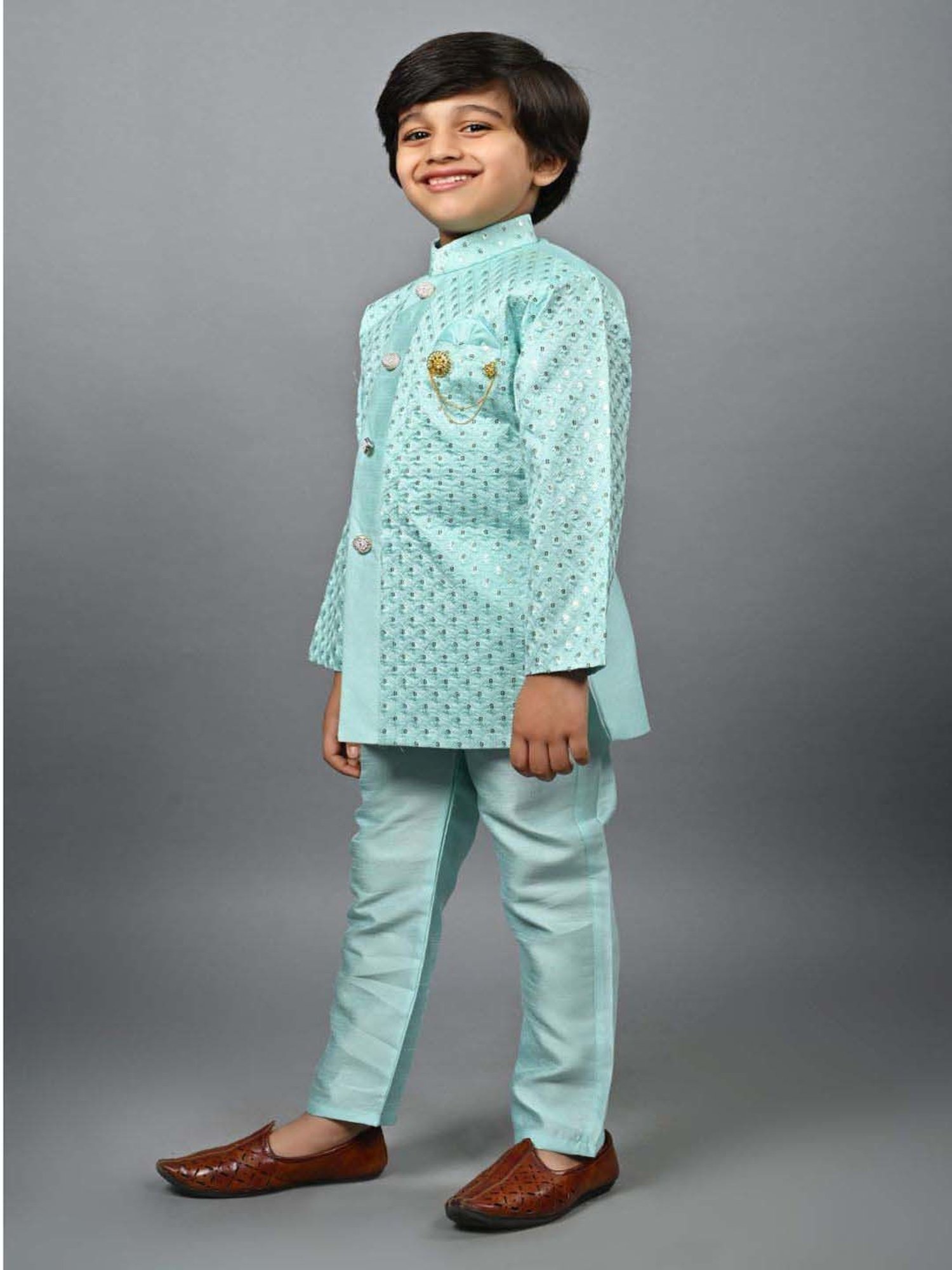 AJ Dezines Kids Black Embellished Full Sleeves Sherwani with Pants