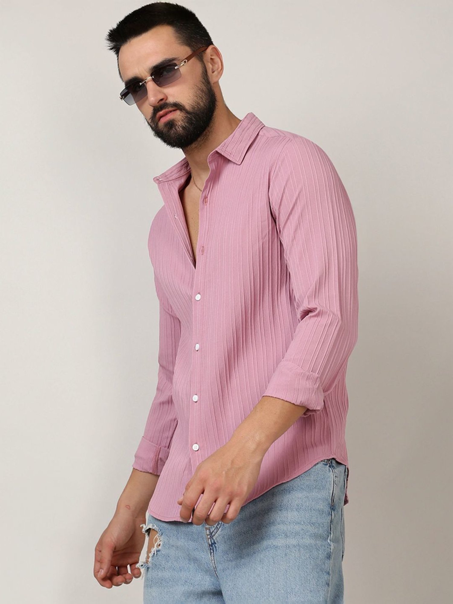 Campus Sutra Pink Regular Fit Striped Shirt