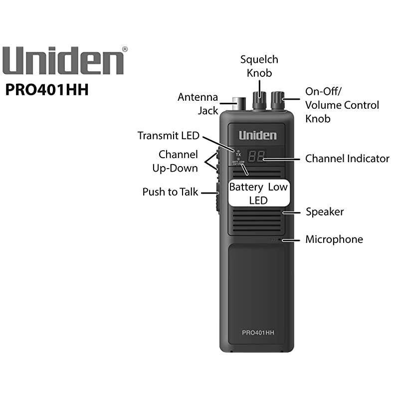 PRO401HH Professional Series 40 Channel Handheld CB Radio 4 Watts Power with HiLow Power Switch Auto noise cancellation Belt Clip And Strap Included 275in x 433in x 866in