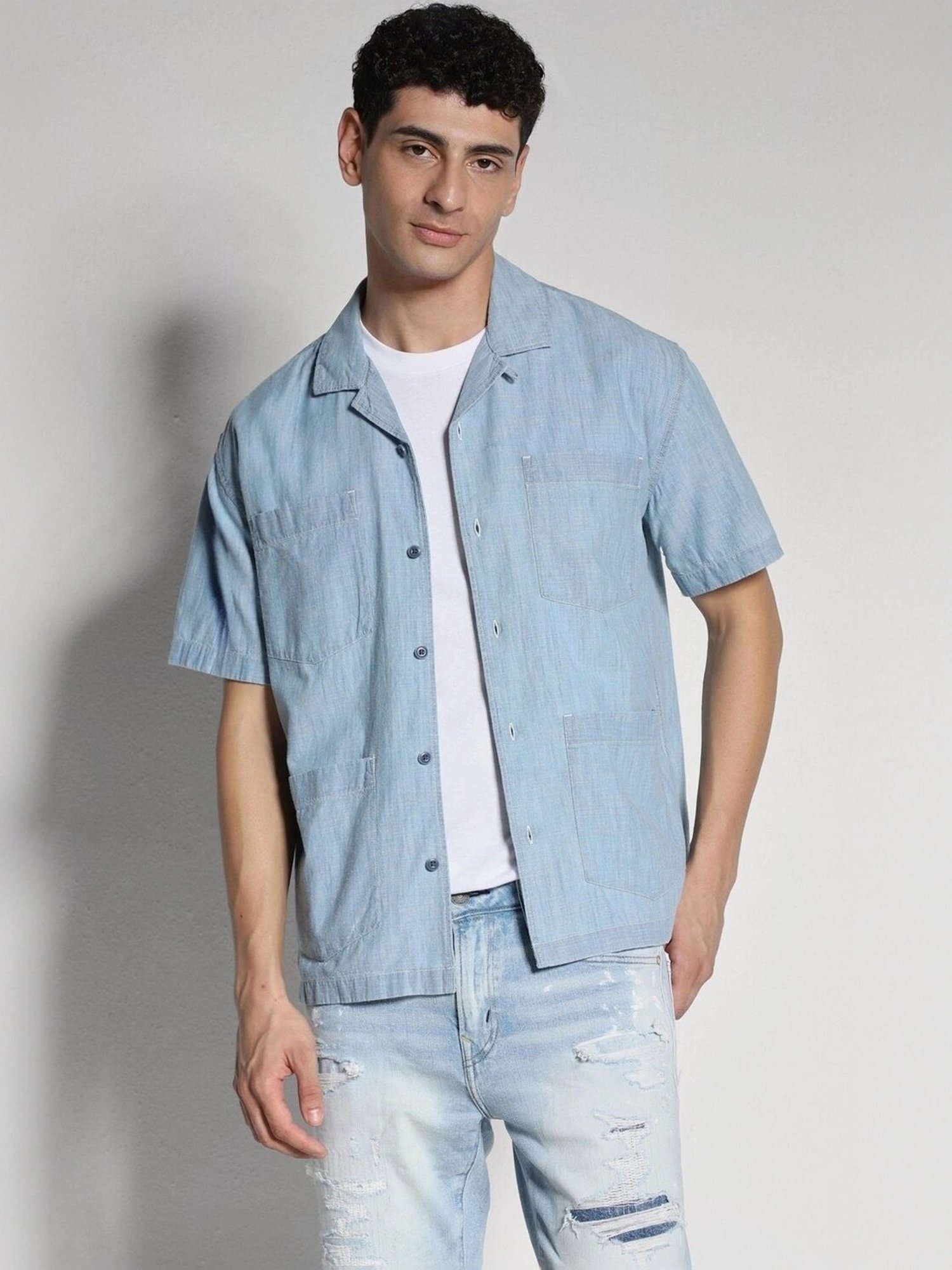 American Eagle Blue Cotton Regular Fit Denim Shirt