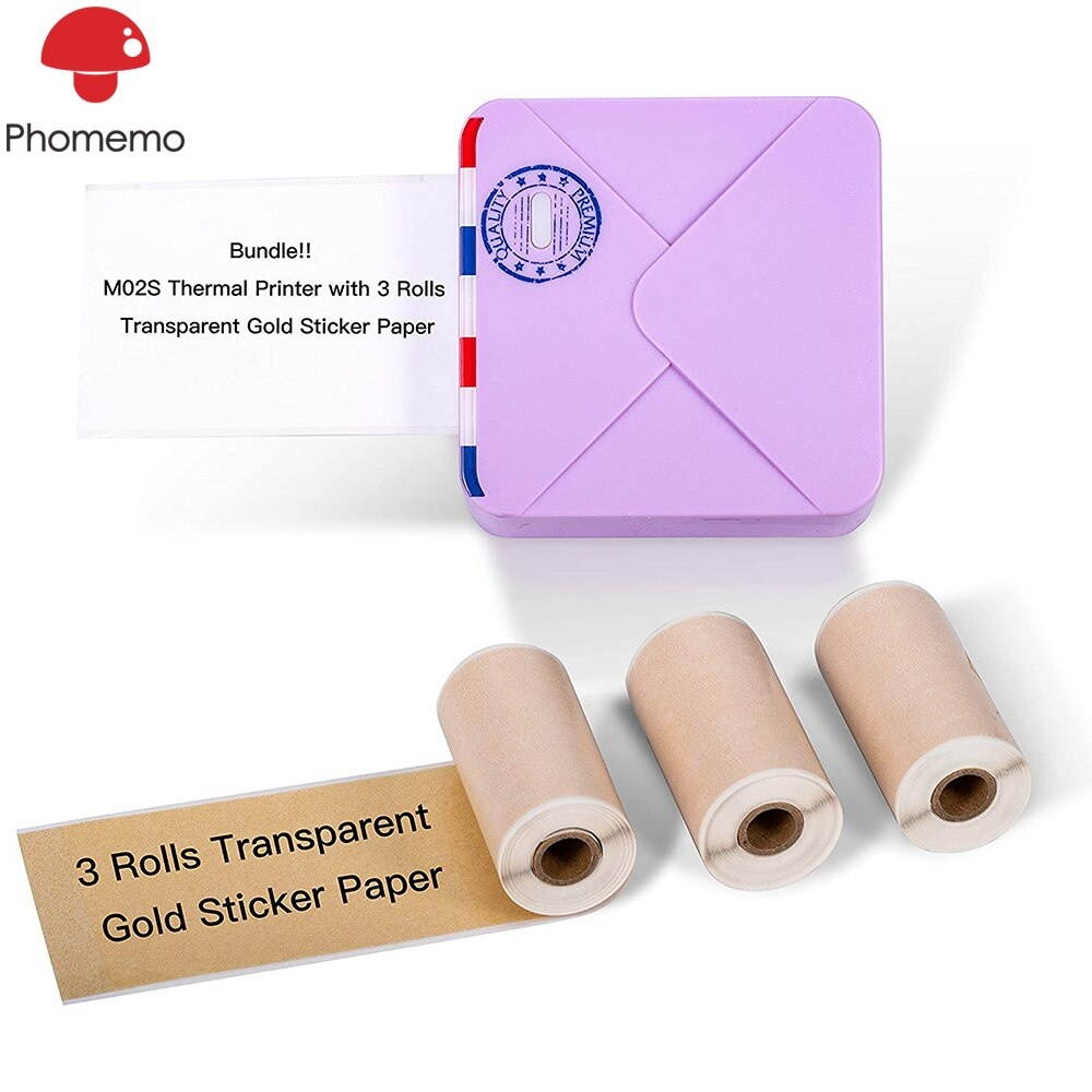 M02S Photo Thermal Printer Portable Bluetooth Pocket Printer with 3 Rolls Transparent Gold Paper Mobile Phone Printer