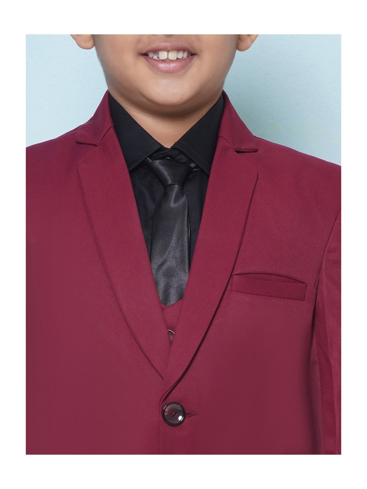 AJ Dezines Kids Maroon & Black Solid Full Sleeves Shirt, Pants, Coat, Waistcoat with Tie
