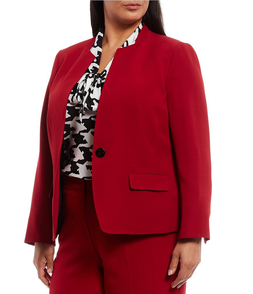 Kasper Plus Size Stretch Crepe Stand Combo Collar One Button Jacket