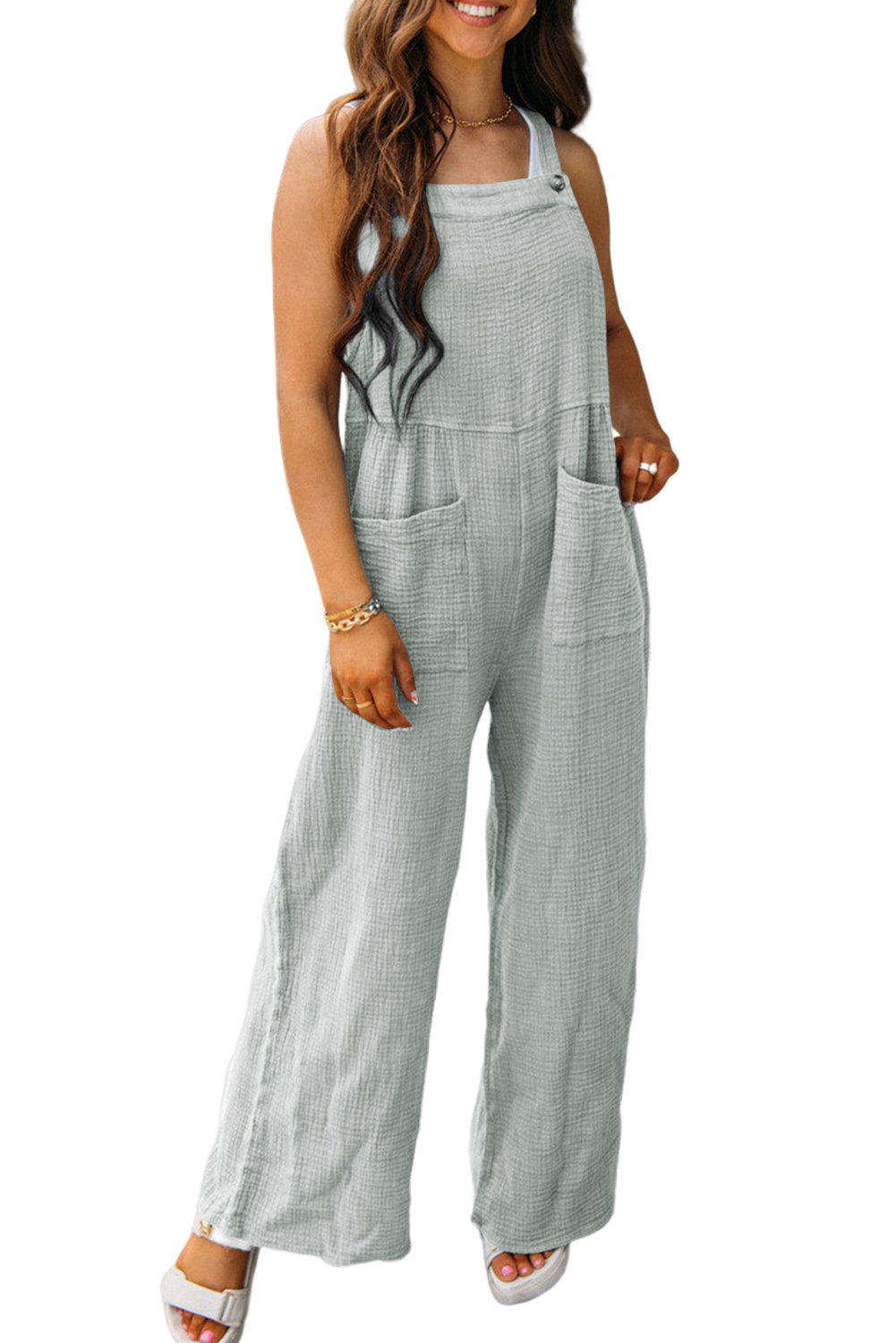 Rose Tan Solid Self Tied Straps Pleated Wide Leg Jumpsuit