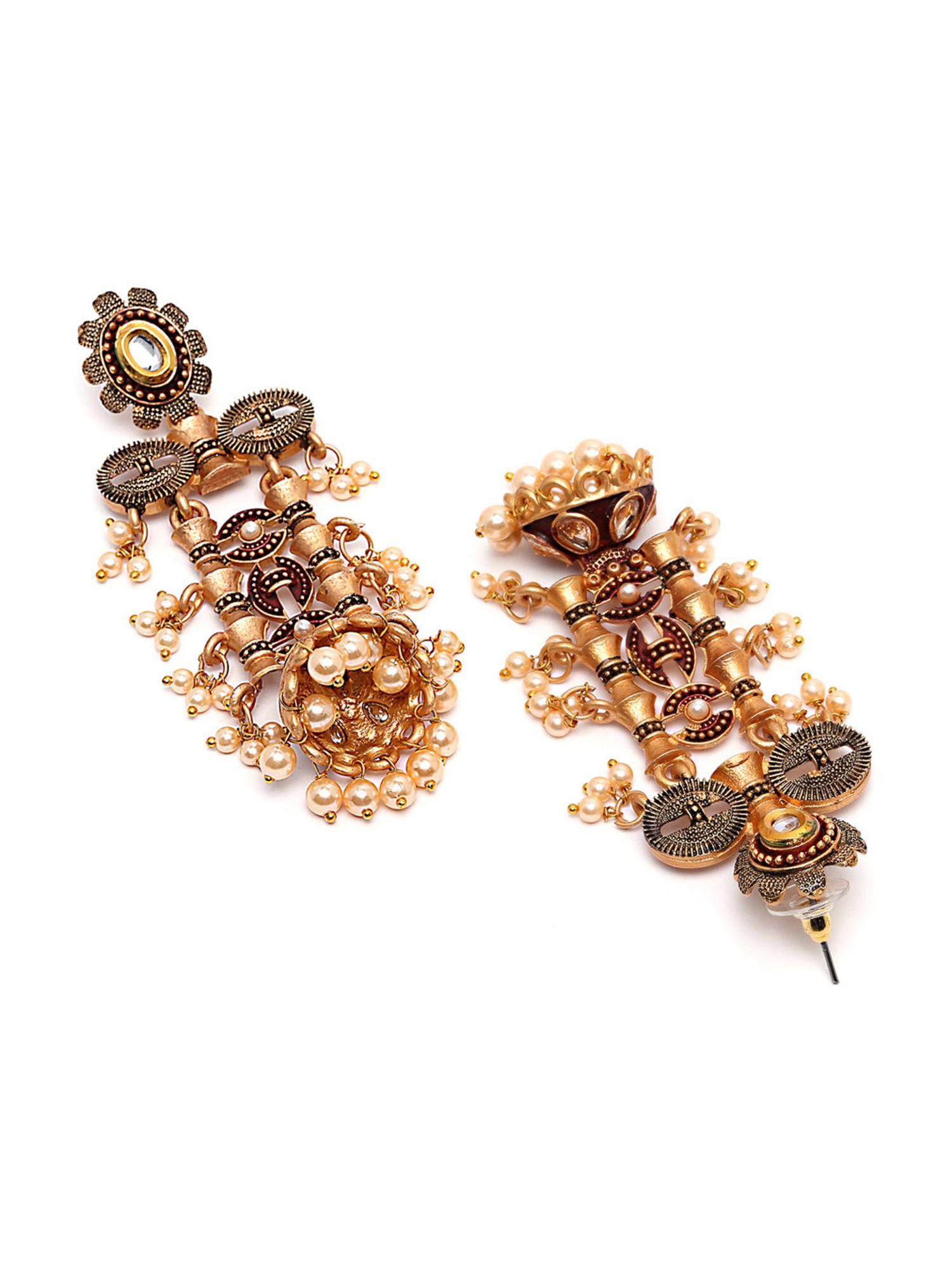 Karatcart Antique Gold-Plated Maroon Kundan Jhumki Earrings for Women