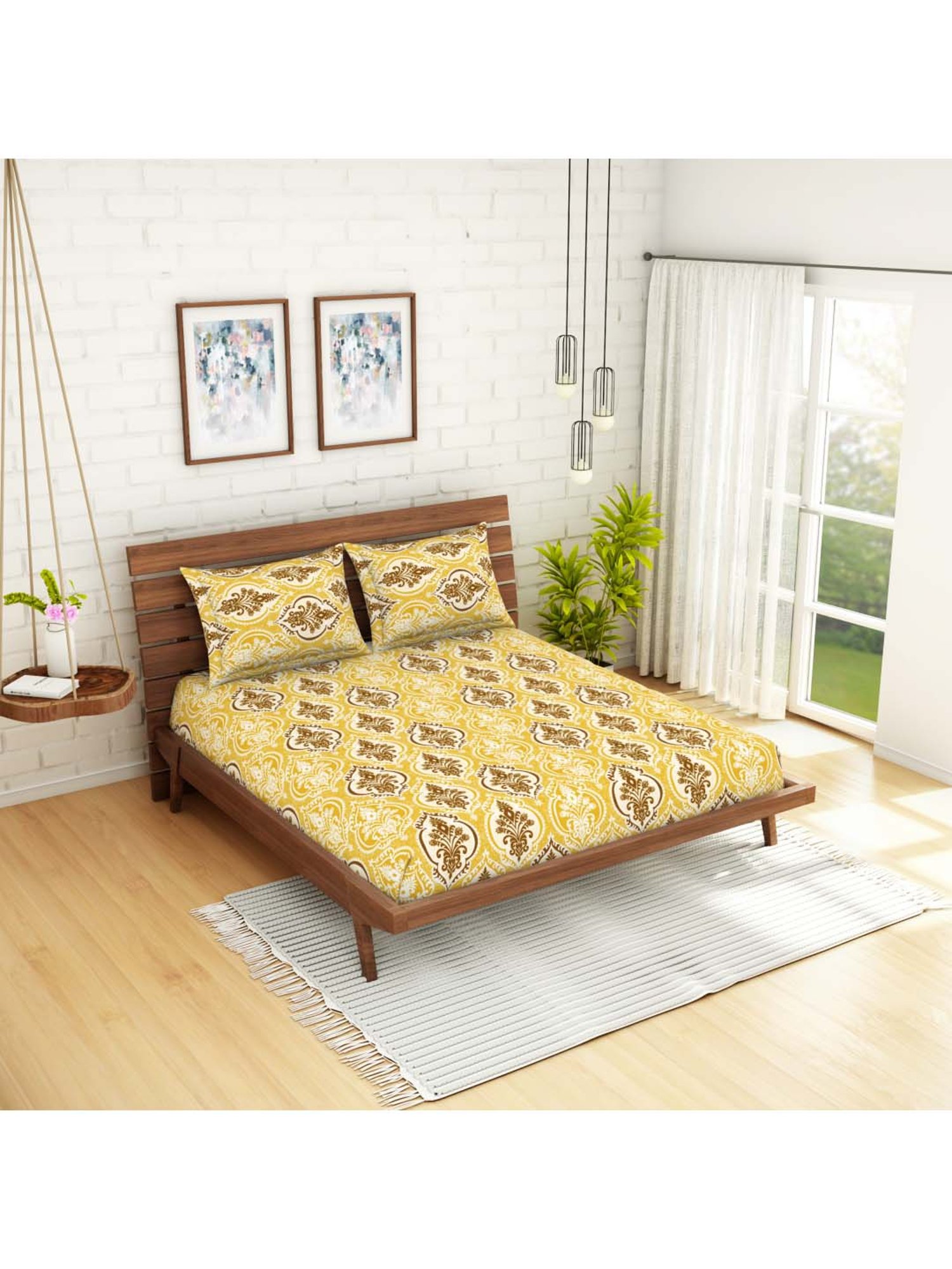 SWHF Yellow & Brown Cotton 108 TC Double Bedsheet Sets