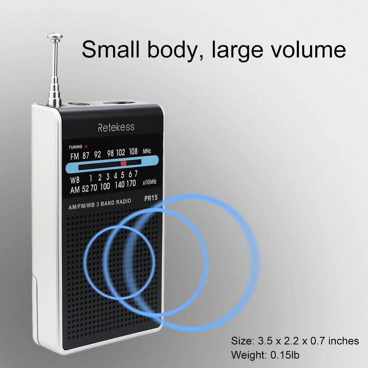 Retekess PR15 Weather Radio NOAA Emergency Radio with AM FM Transistor Analog Radio Support Headphone Jack 2AAA Battery Hand Strap (Silver Black)