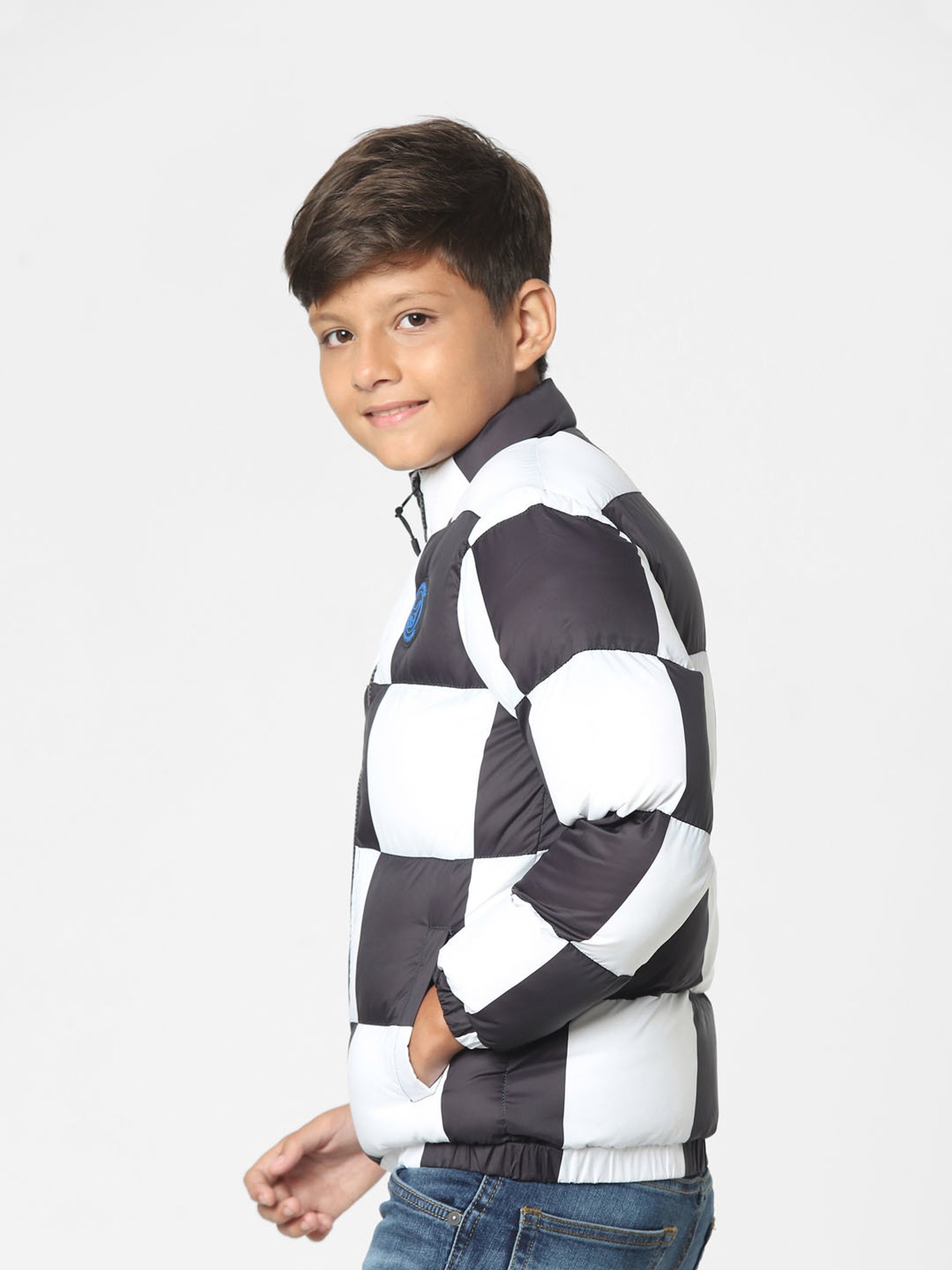 Jack & Jones Junior White & Black Checks Full Sleeves Jacket