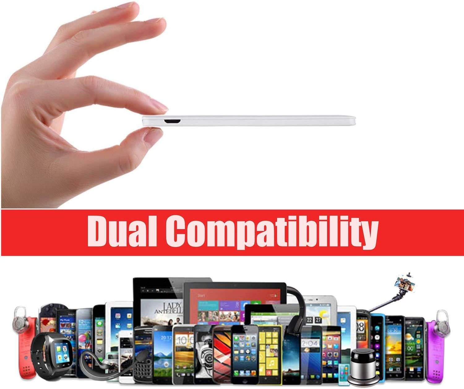 Ultra-Slim Ultra-Portable Ultra-Safe 2500mAh Wallet Pocket Power Card Power Bank ONE-for-All External Mini Battery for Most Smart Phone and Digital Devices(White with Lightning Adapter)