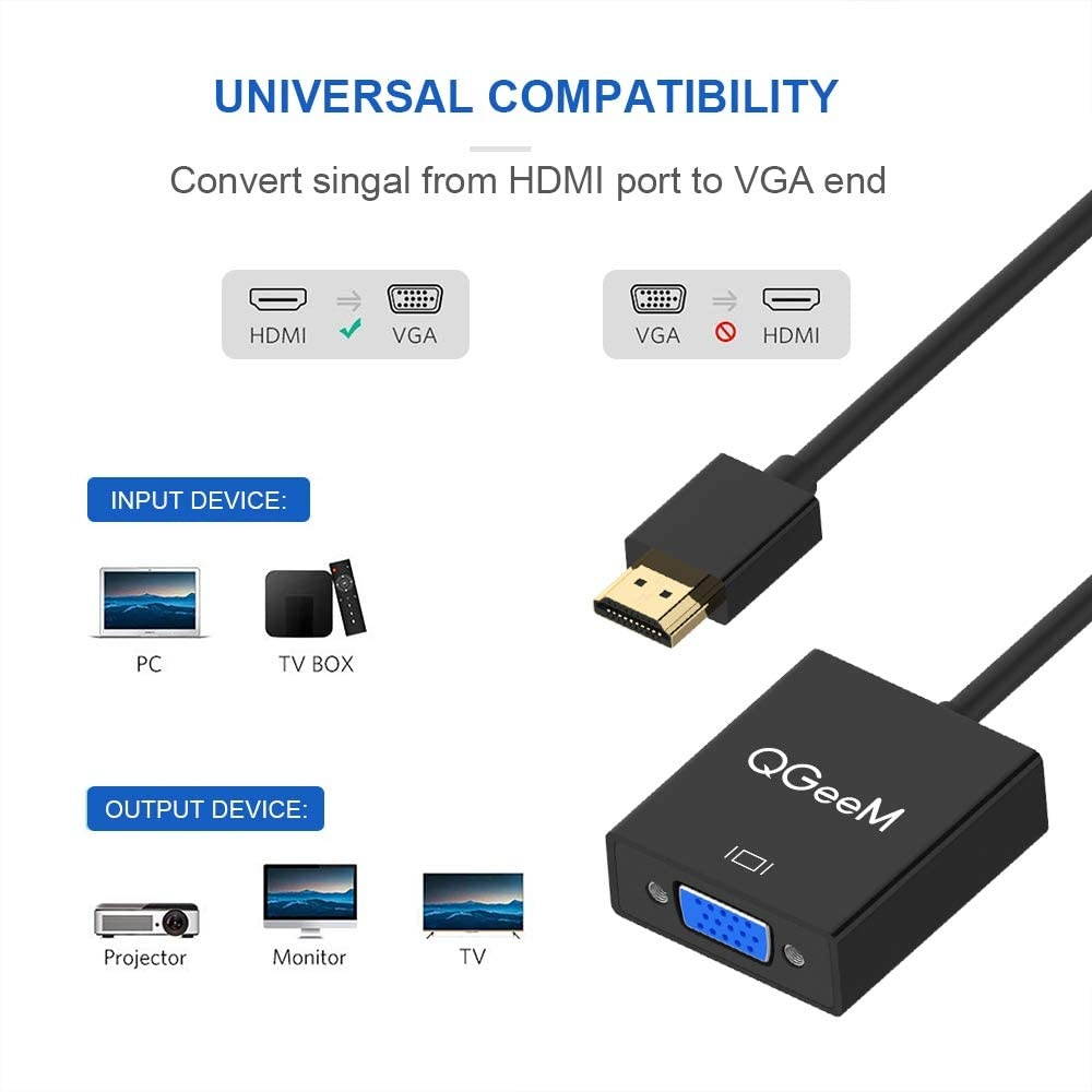 HDMI to VGA,QGeeM Gold-Plated HDMI to VGA Adapter (Male to Female) for Computer,Desktop,Laptop,PC,Monitor,Projector,HDTV, Chromebook,Raspberry Pi,Roku,Xbox and More(Black)