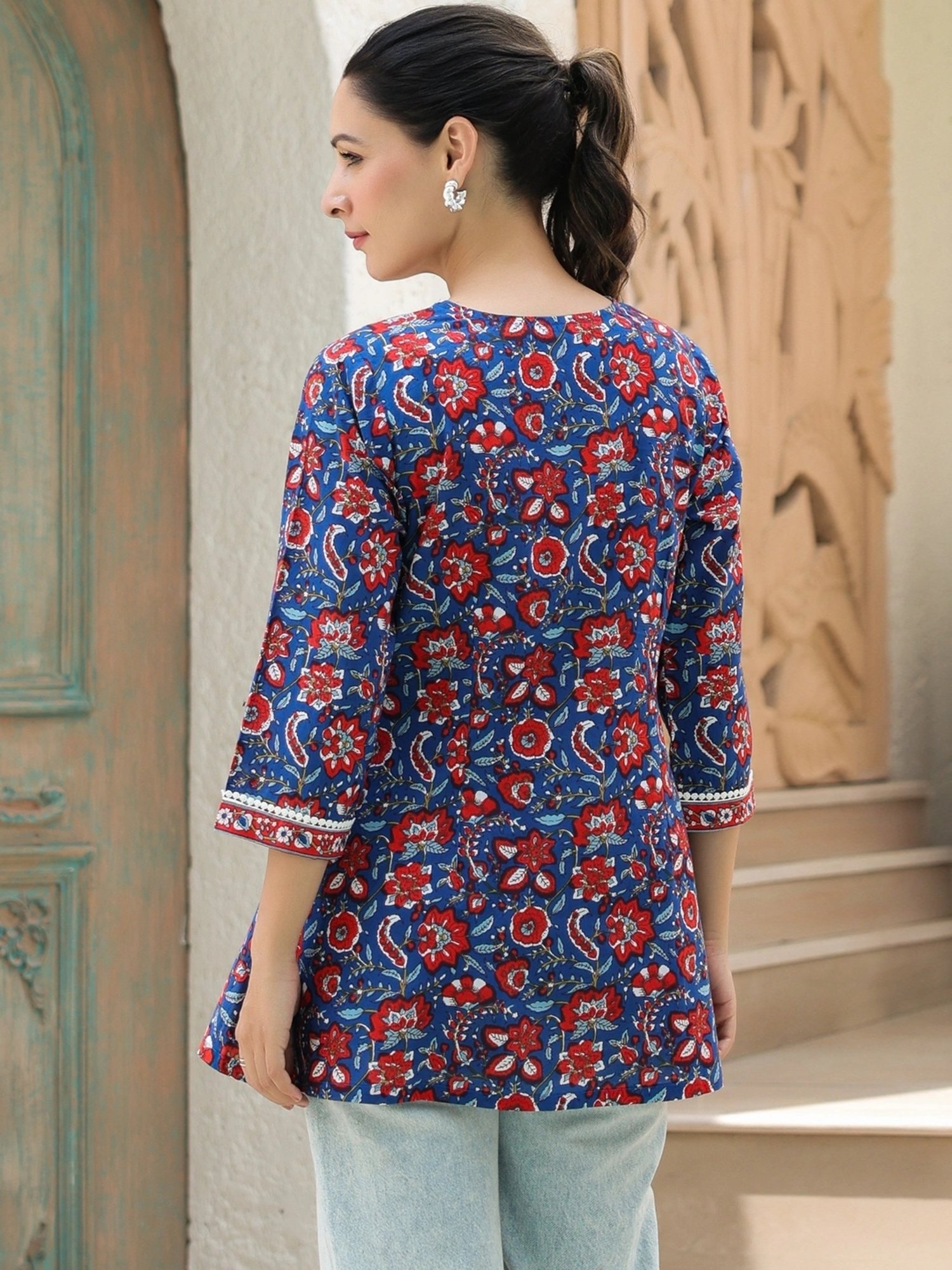 Rain and Rainbow Blue Cotton Floral Print Top