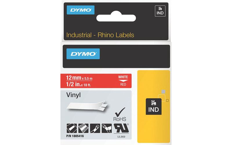 Dymo White on Red Color Coded Label - Permanent Adhesive - 15/32" Width x 18 3/64 ft Length - Rectangle - Thermal Transfer - Red, White - Vinyl