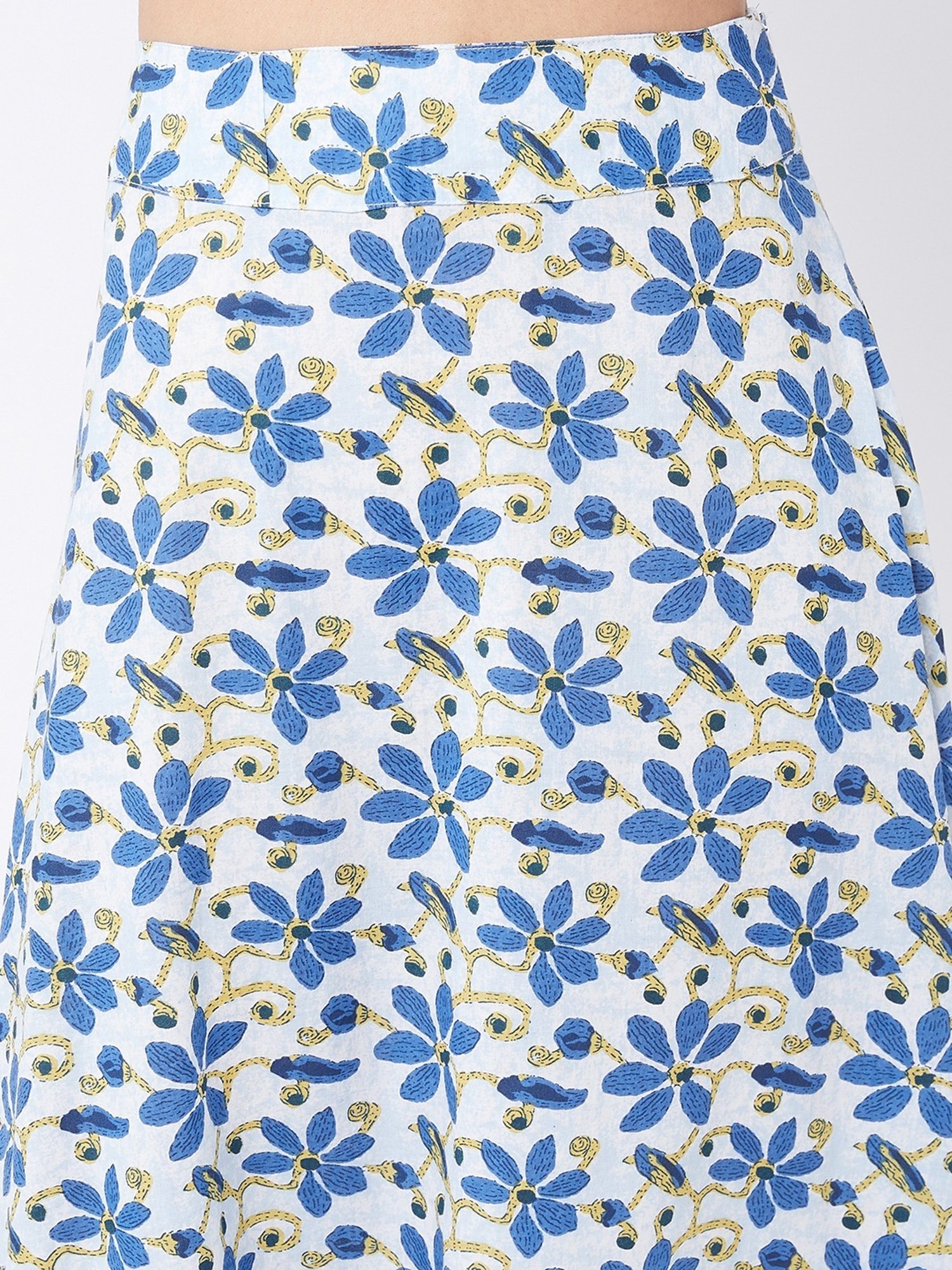 Inweave Blue & White Cotton Printed A-Line Skirt