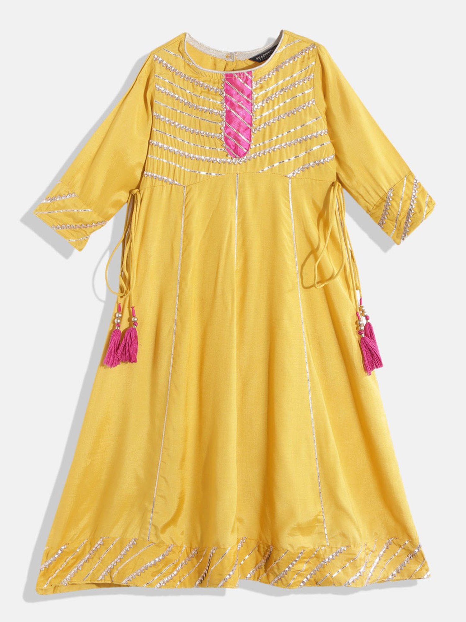 READIPRINT FASHIONS Kids Yellow Embroidered Dress