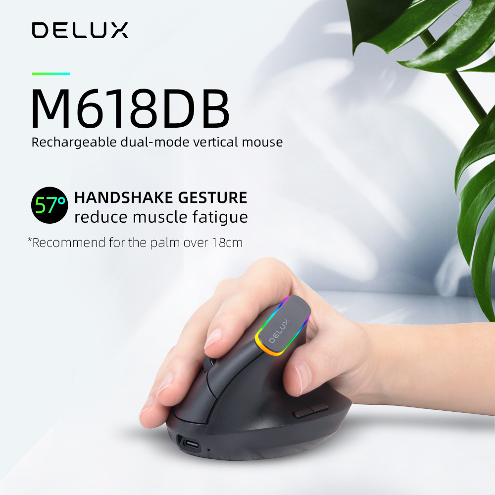 DELUX 2.4G Wireless Vertical Mouse, Rechargeable Ergonomic Mouse with USB Receiver, 6 Buttons and 1600DPI, Ergo 57 Degree Design Reduce Hand and Wrist Pressure for PC Laptp and Computer(M618D-Black)