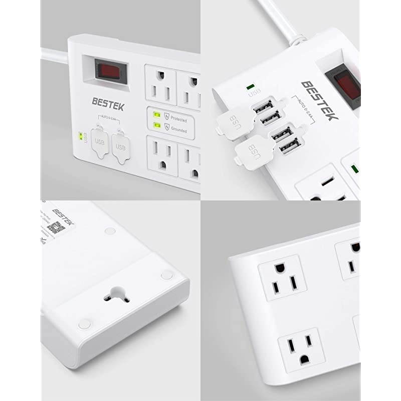 4000 Joules Surge Protector with USB Power Strips with 8 AC Outlets 15A 125V DC 5V 42A 4 Smart USB Charging Ports Long 6 Feet Heavy Duty Extension Cords FCC ETL Listed White
