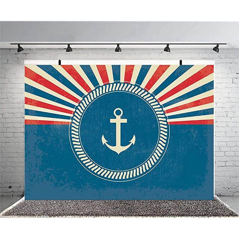8x6ft Nautical Theme Party Photo Backdrop Vintage Navy Red Striped Anchor Sunrise Photography Background for Newborn Baby Shower Boy Birthday Cake Table Decoration Photobooth Props(SXY1067)