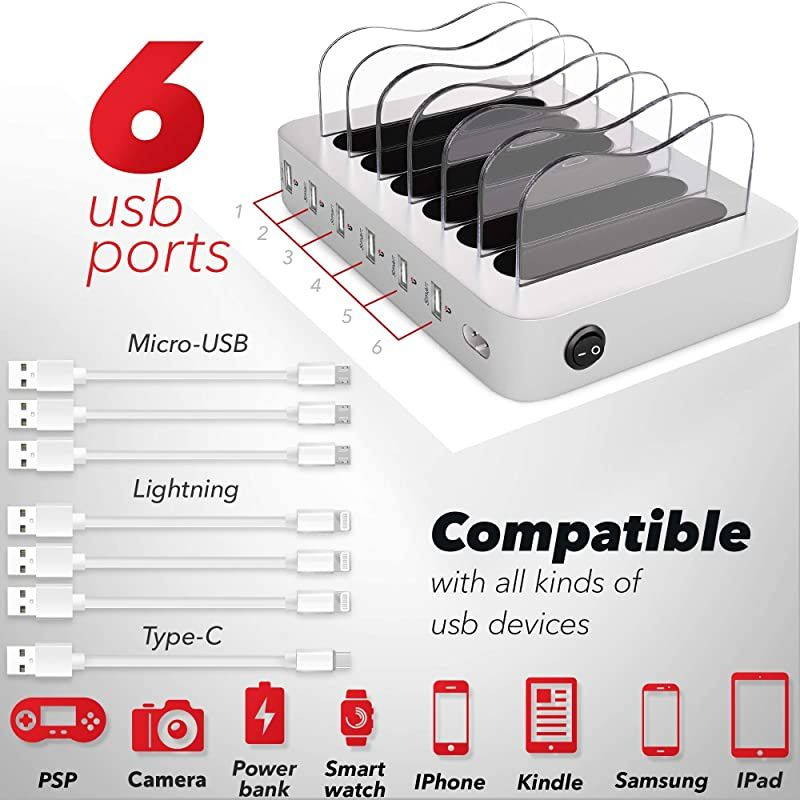 USB Charging Station Dock - Fast Charge Docking Station for Multiple Devices - Multi Device Charger Organizer - Compatible with Apple and Android (Silver 6-Port)
