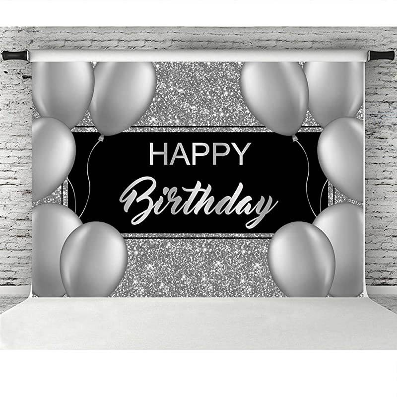 Birthday Backdrop Shinning Sliver and Gery Balloons Birthday Photography Background Black Birthday Party Decorations Supplies Photo Booth Props Banner 7x5ft