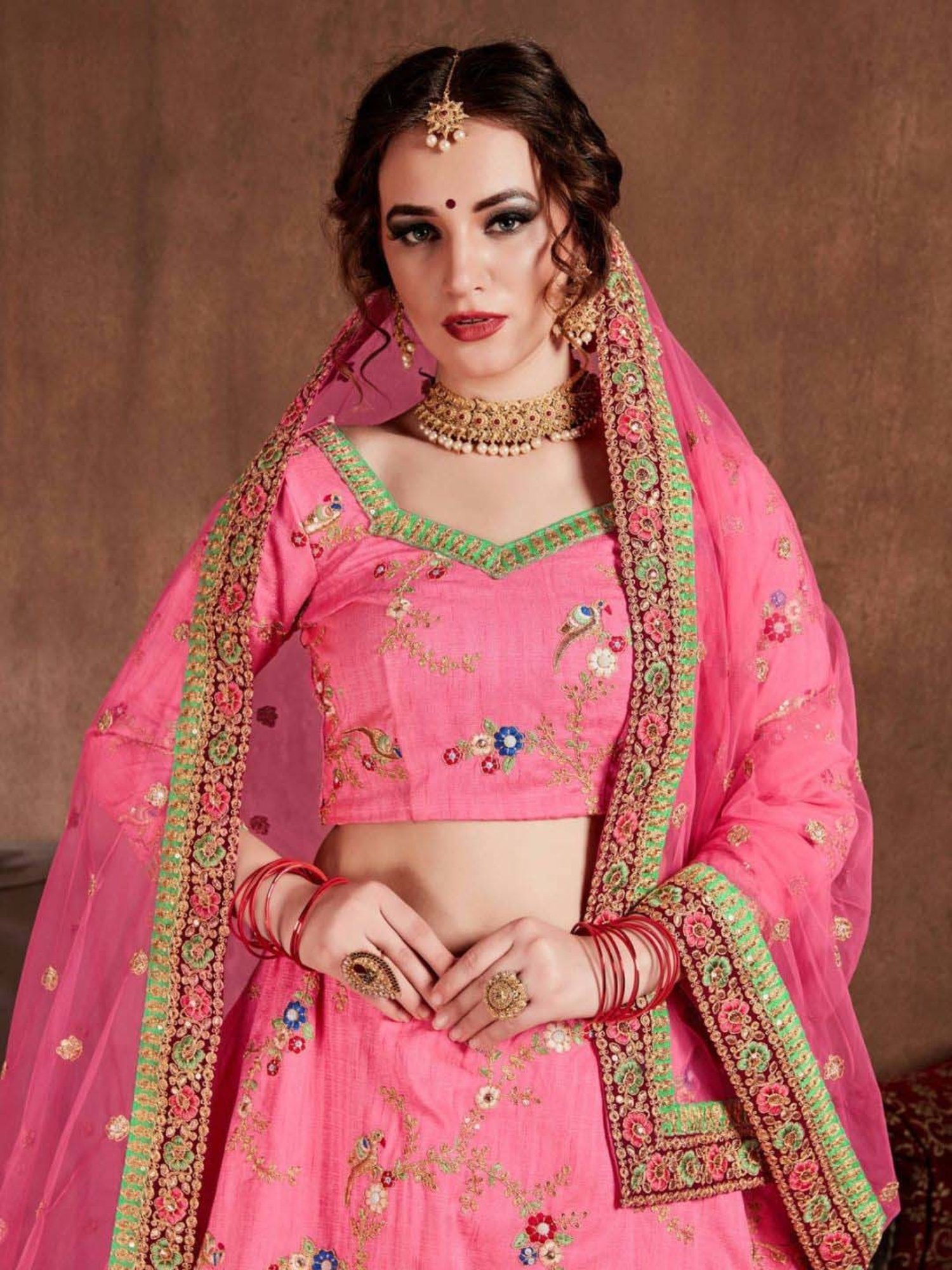 Odette Pink Embroidered Lehenga Choli Set With 2 Pack of Dupatta