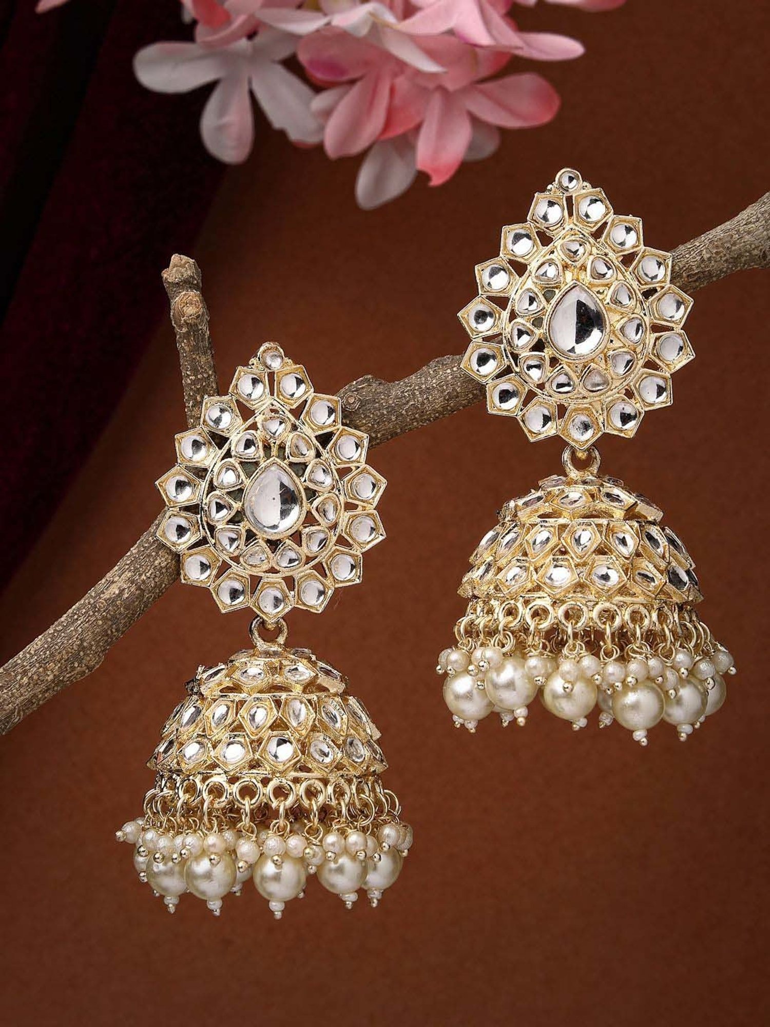 NVR Gold-Plated Handcrafted Kundan Dome Shaped Jhumki Earrings for Women