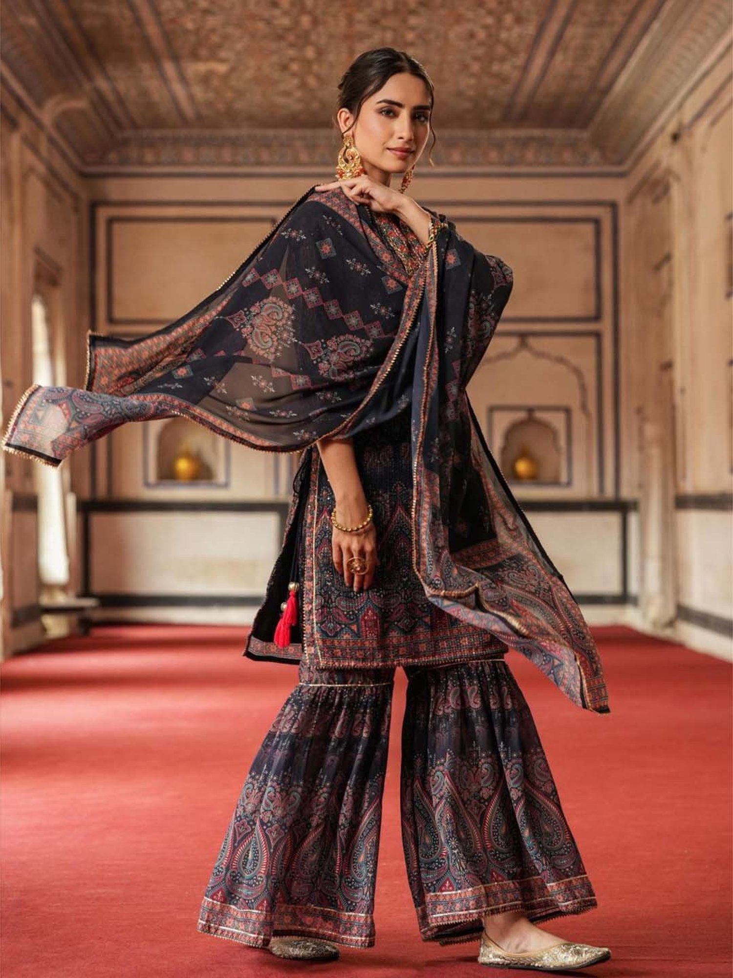 SCAKHI Navy Printed Kurti Sharara Set With Dupatta