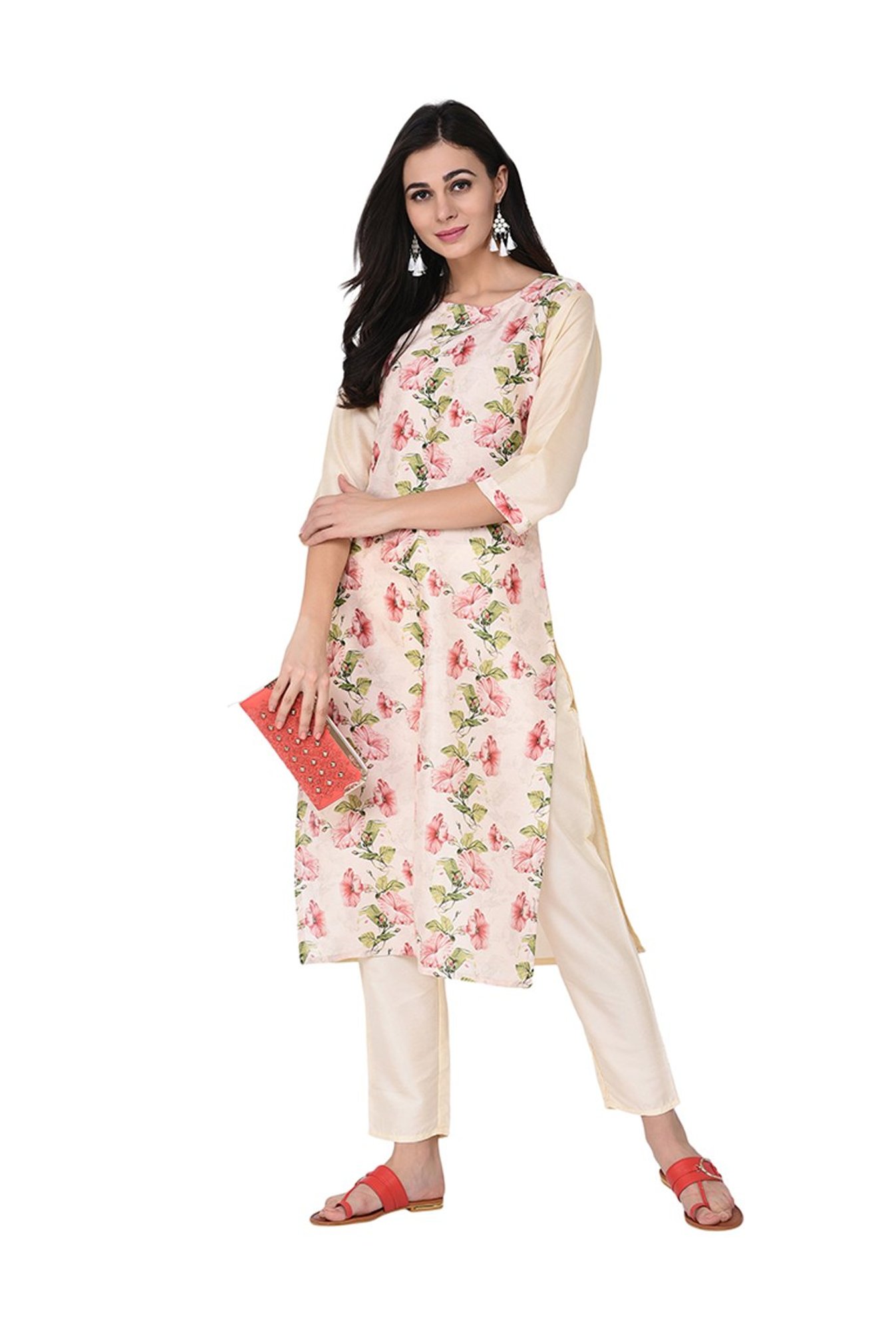 Ziyaa Beige Floral Print Straight Kurti