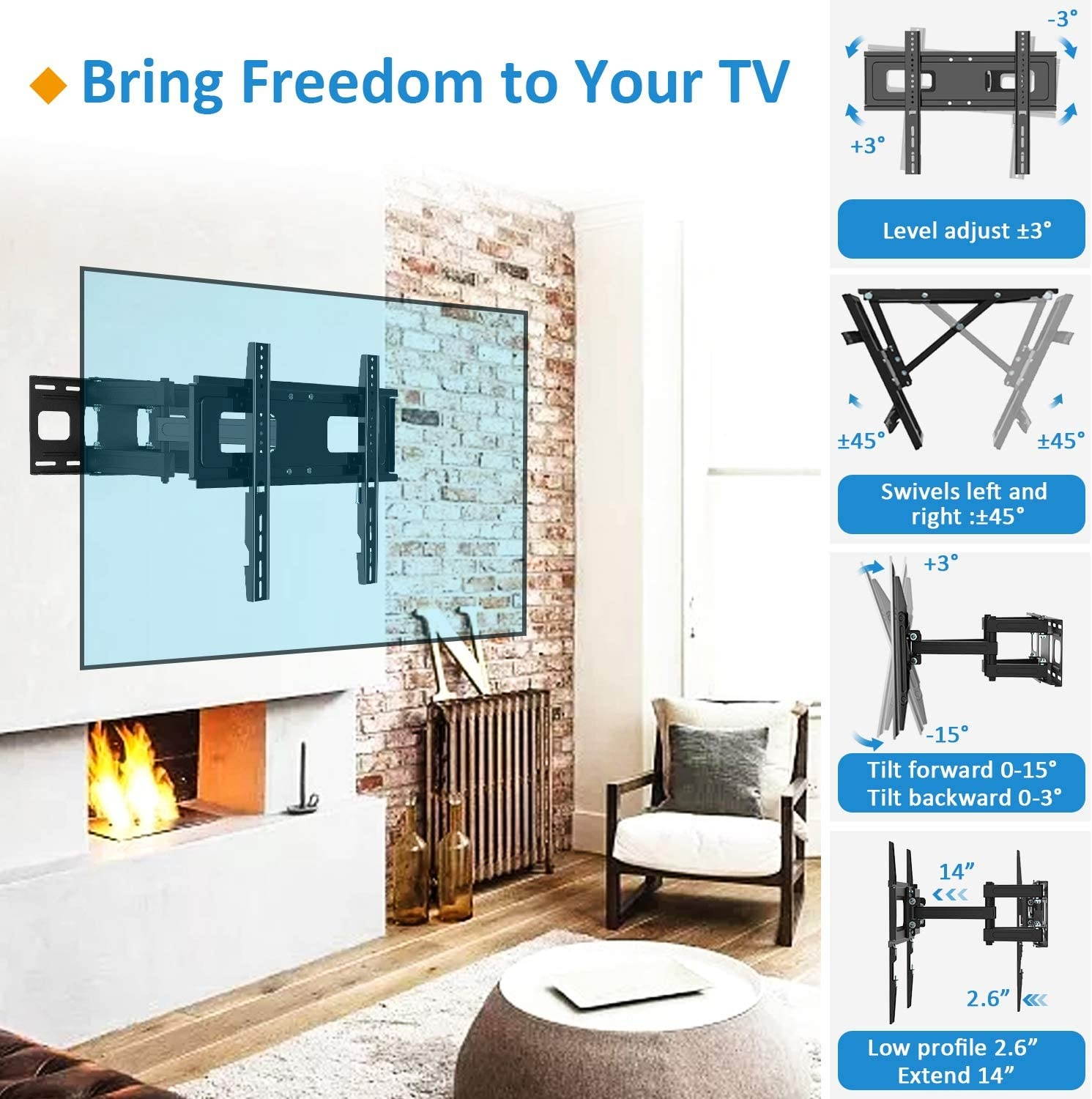 Full Motion TV Wall Mount with Height Setting,  TV Bracket Fits Most 27-65 Inch LED Flat&Curved TVs,Articulating Swivel Tilt Dual Arms Extension Max VESA 400x400mm and Holds up to 121 LBS