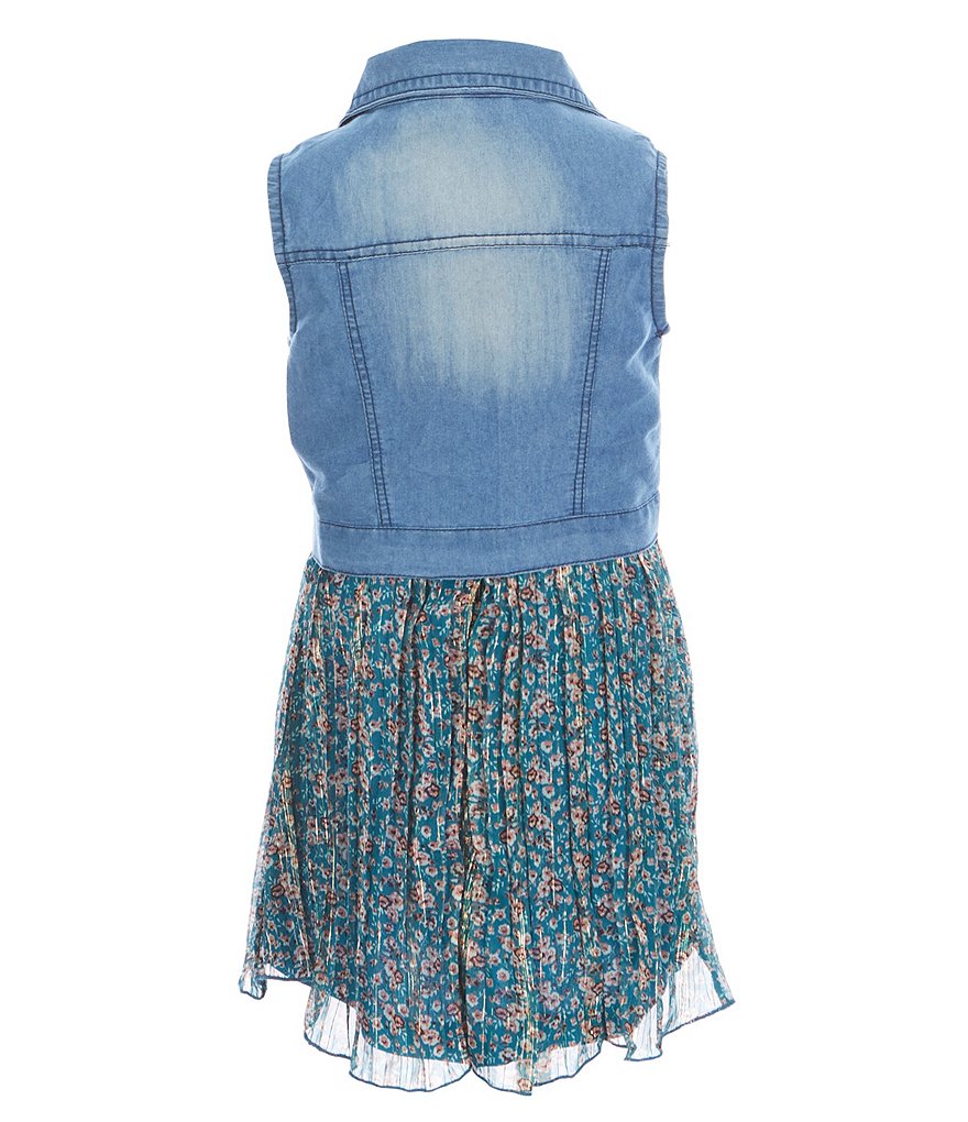 Rare Editions Little Girls 4-6X Denim Vest & Ditsy Print Pleated Chiffon Dress Set